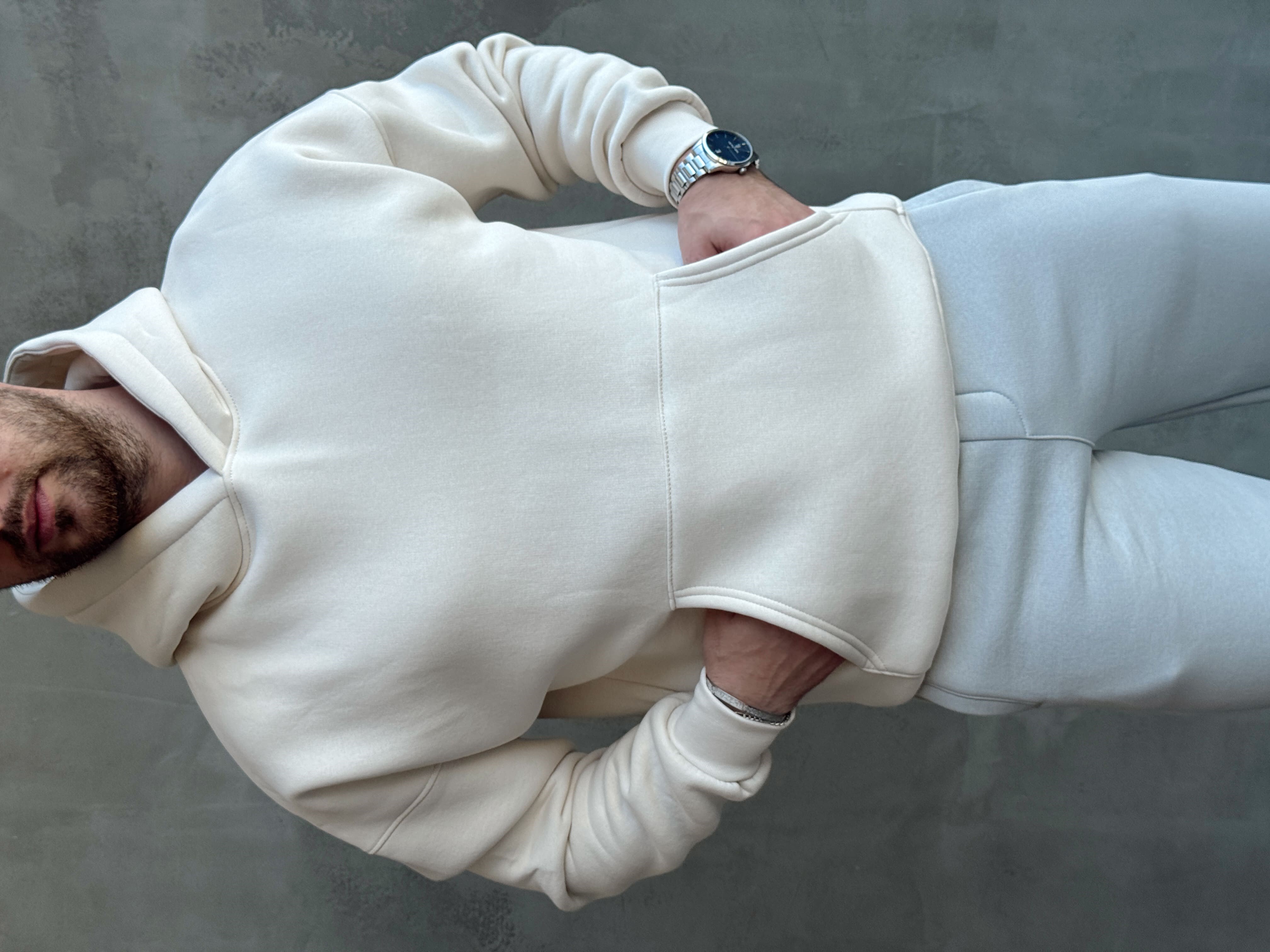 Erkek Yeni Sezon Oversize Kalıp Kapüşonlu Kanguru Cepli Basic 3 İplik Sweat-Krem(E1802)
