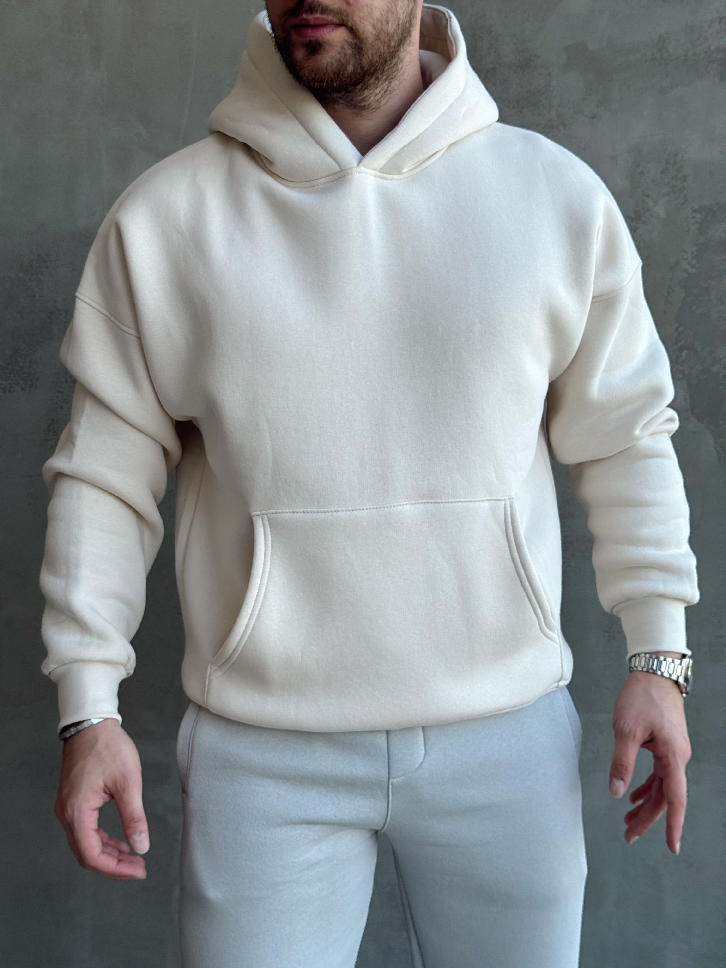 Erkek Yeni Sezon Oversize Kalıp Kapüşonlu Kanguru Cepli Basic 3 İplik Sweat-Krem(E1802)Ketench