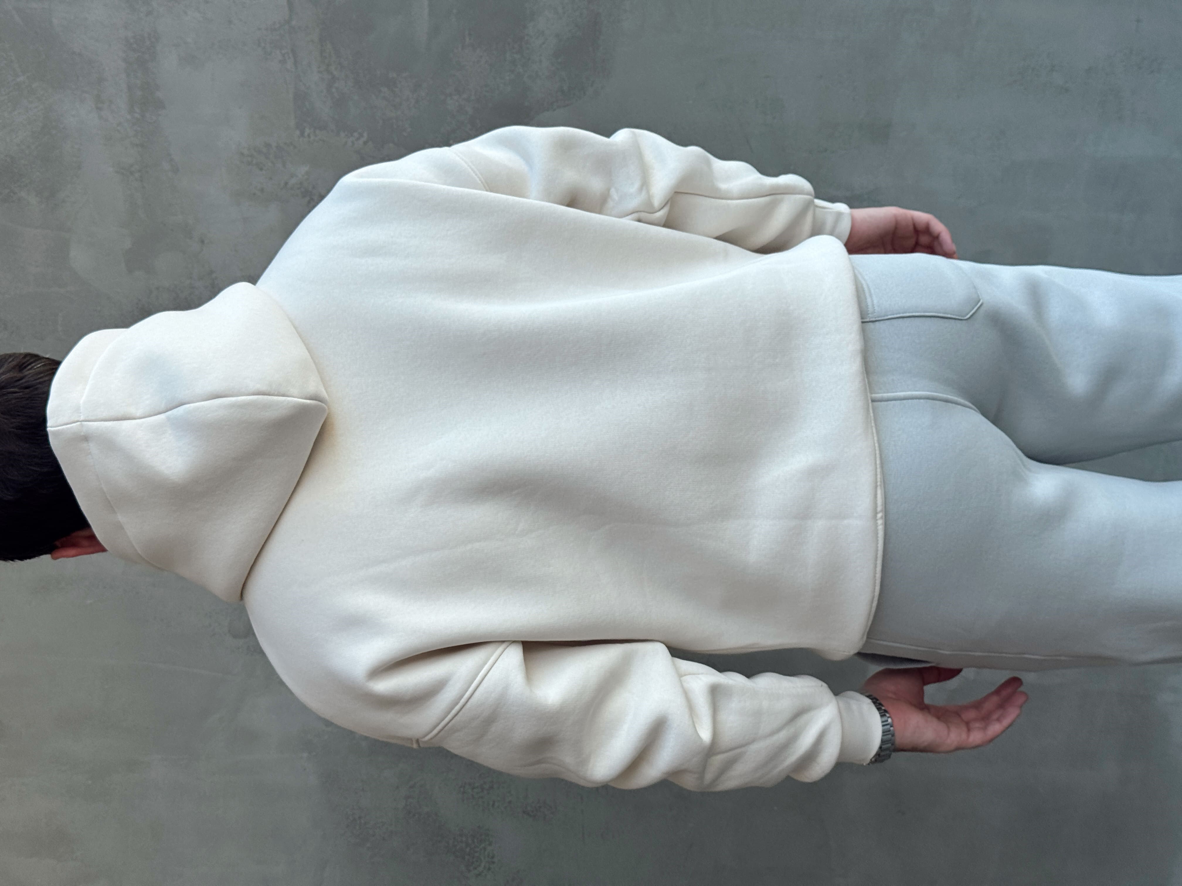 Erkek Yeni Sezon Oversize Kalıp Kapüşonlu Kanguru Cepli Basic 3 İplik Sweat-Krem(E1802)