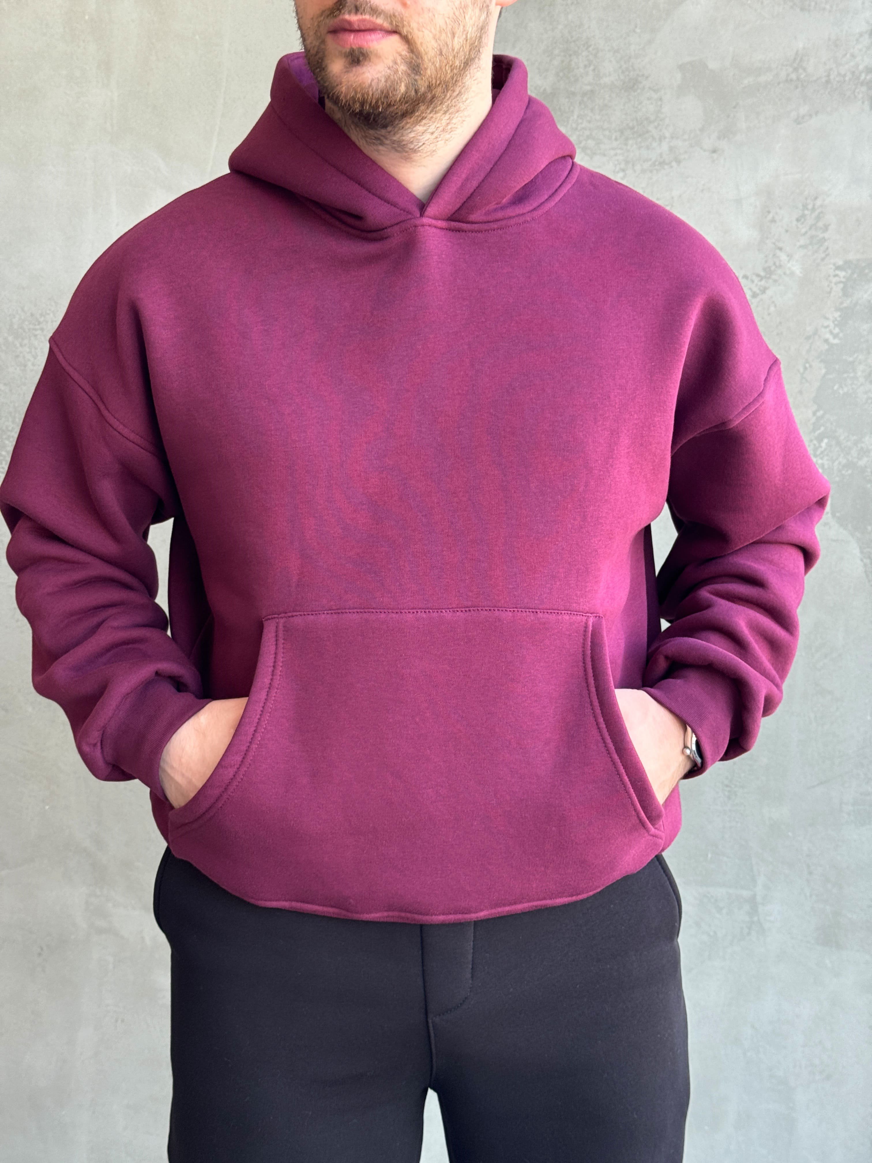 Erkek Yeni Sezon Oversize Kalıp Kapüşonlu Kanguru Cepli Basic 3 İplik Sweat-Bordo(E1802)