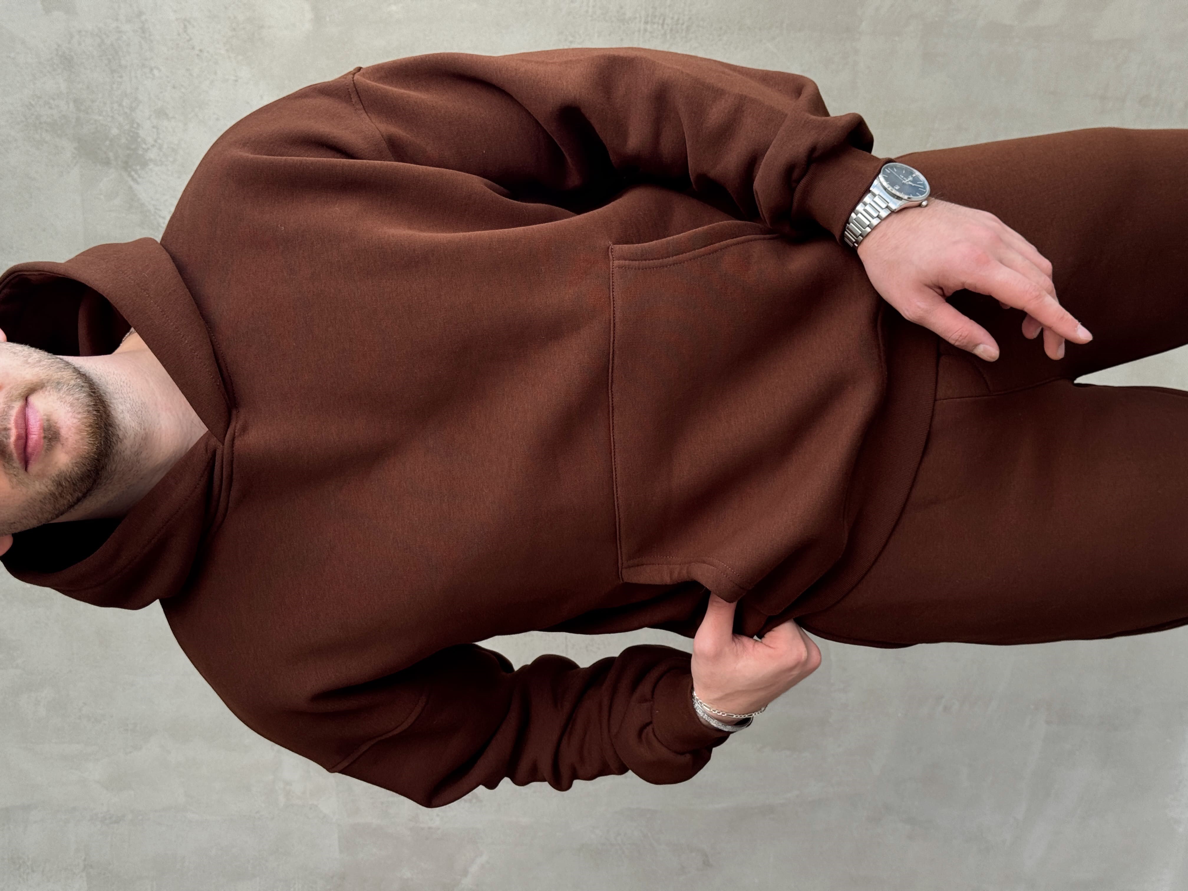 Erkek Yeni Sezon Oversize Kalıp Kapüşonlu Kanguru Cepli Basic 3 İplik Sweat-Kahverengi(E1802)