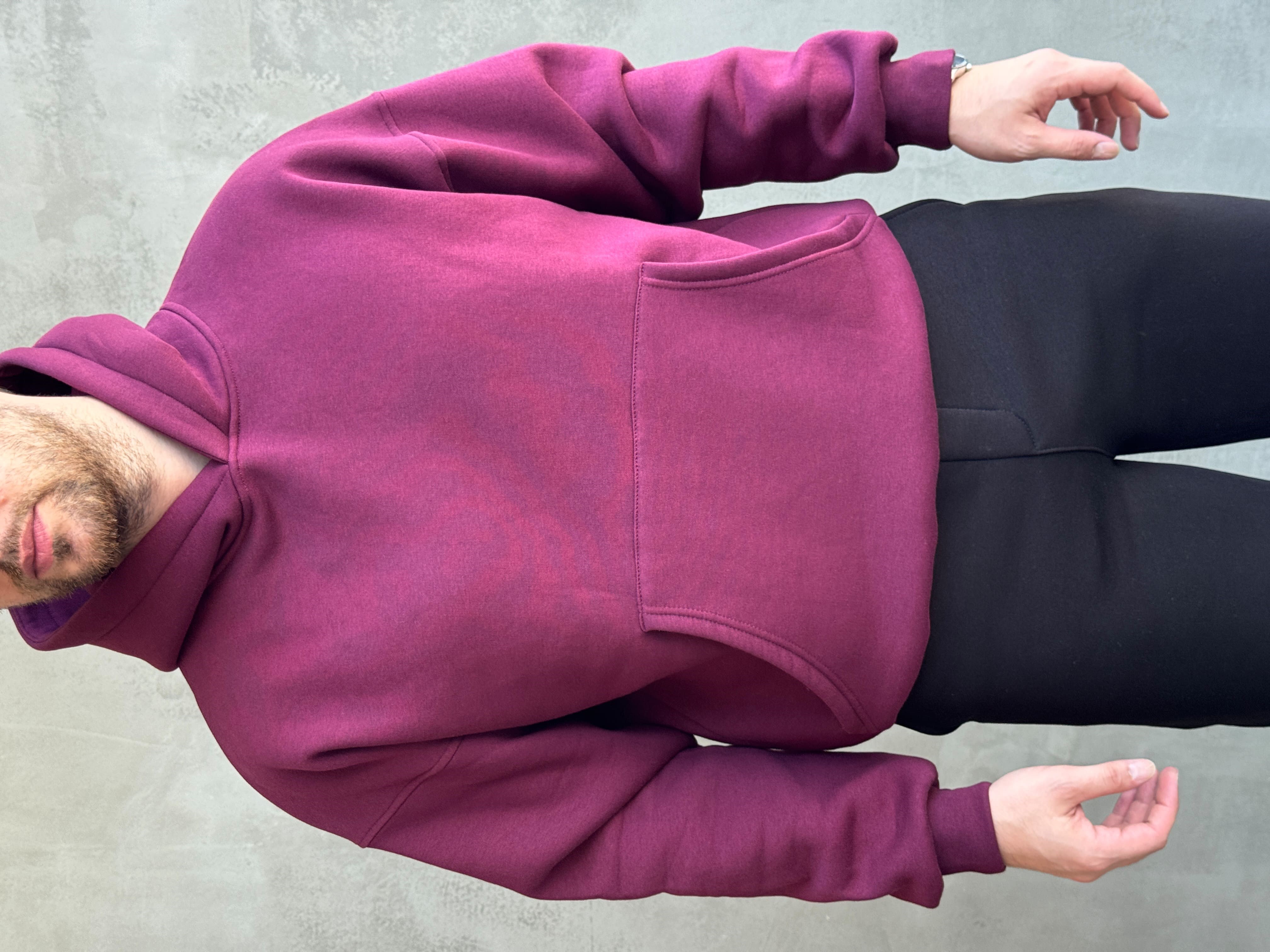 Erkek Yeni Sezon Oversize Kalıp Kapüşonlu Kanguru Cepli Basic 3 İplik Sweat-Bordo(E1802)