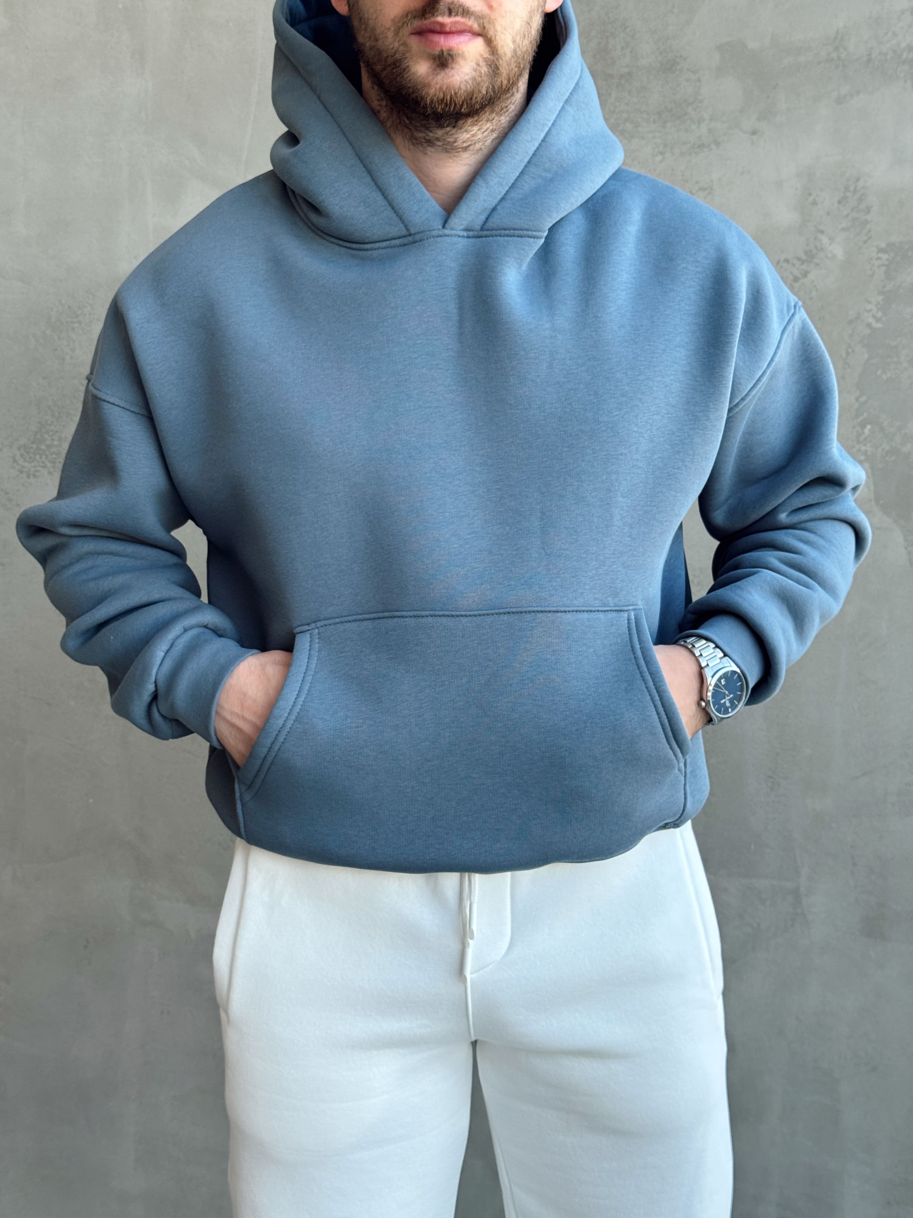 Erkek Yeni Sezon Oversize Kalıp Kapüşonlu Kanguru Cepli Basic 3 İplik Sweat-İndigo(E1802)