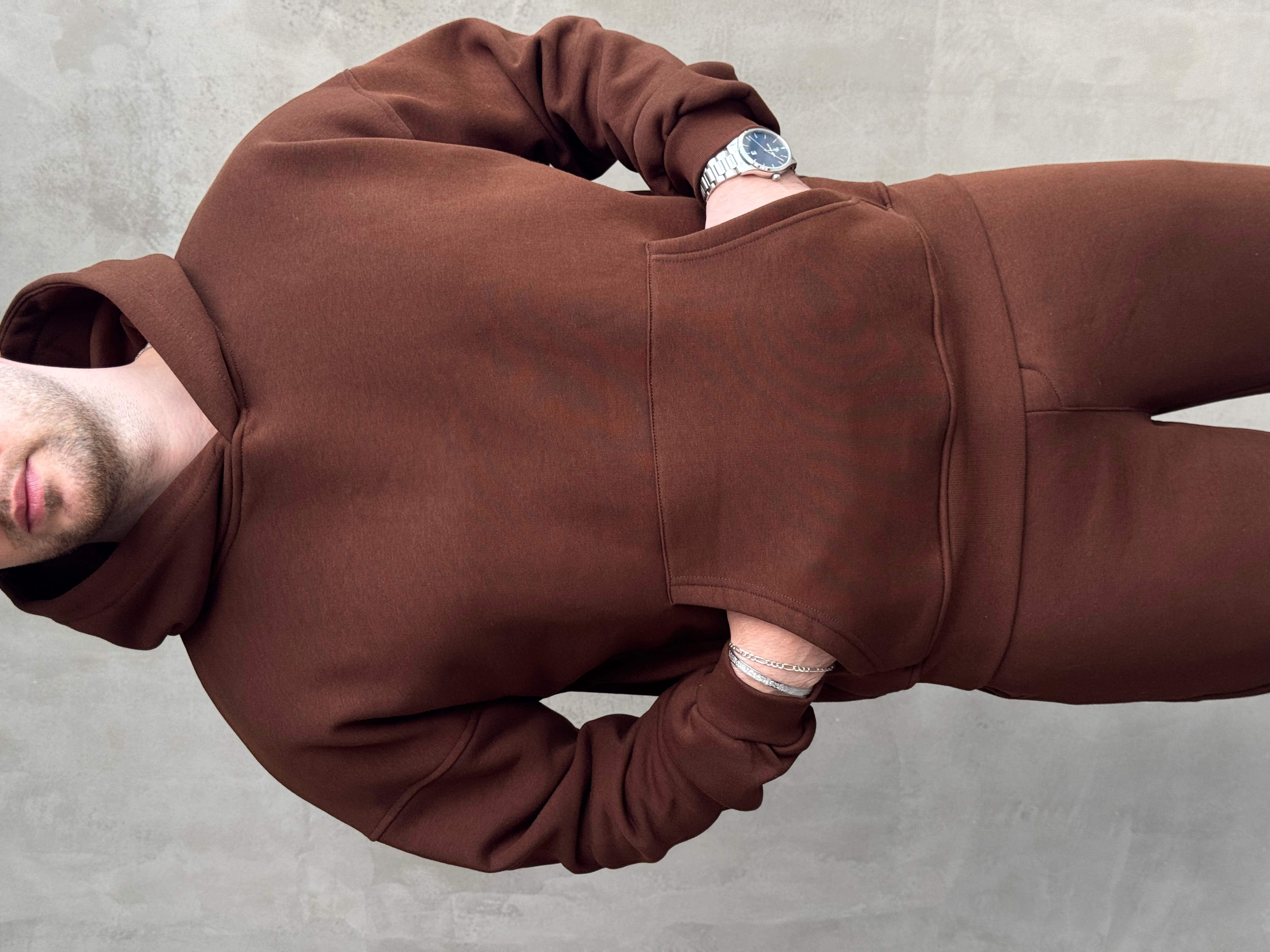Erkek Yeni Sezon Oversize Kalıp Kapüşonlu Kanguru Cepli Basic 3 İplik Sweat-Kahverengi(E1802)
