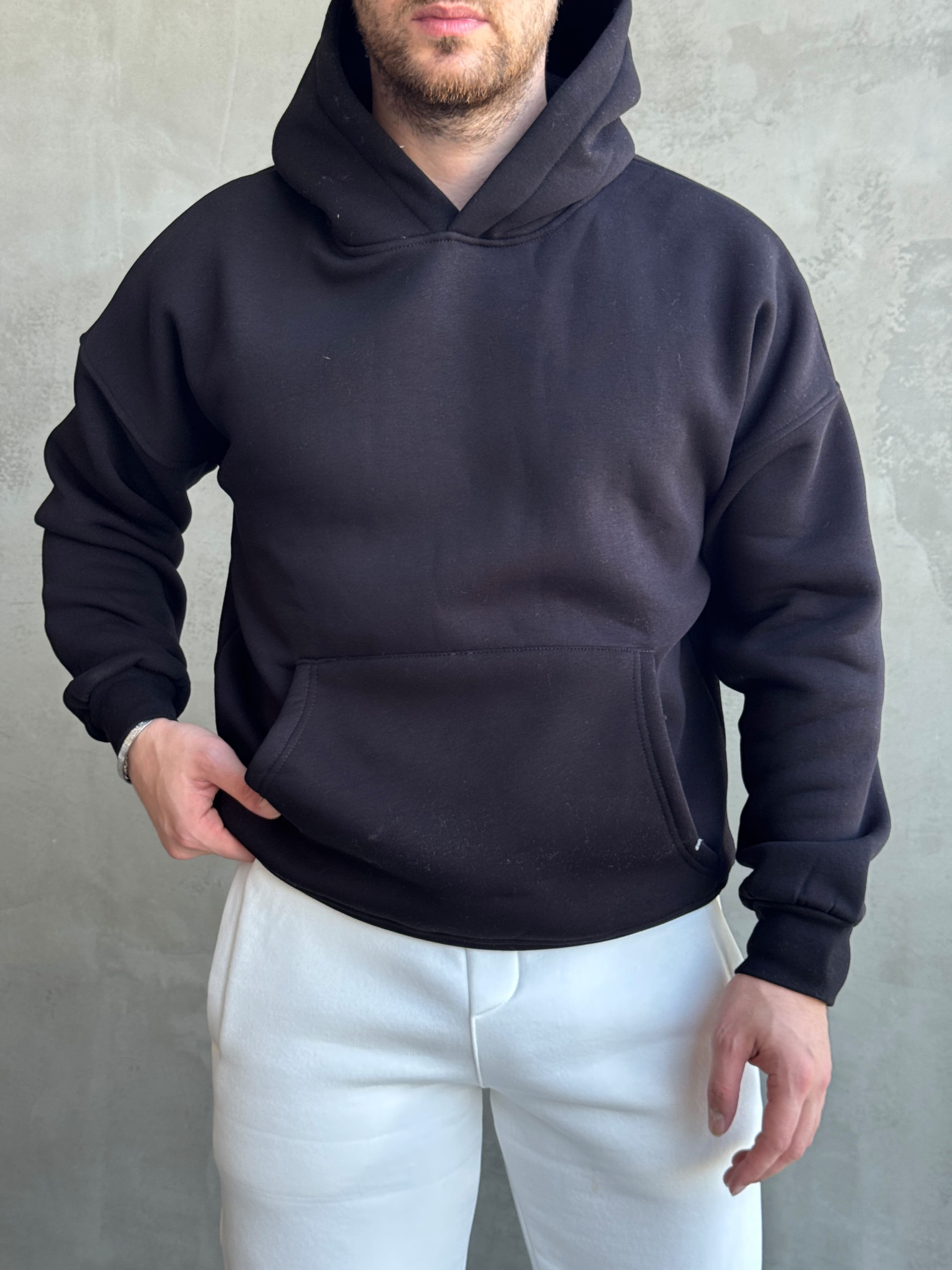 Erkek Yeni Sezon Oversize Kalıp Kapüşonlu Kanguru Cepli Basic 3 İplik Sweat-Siyah(E1802)Ketench