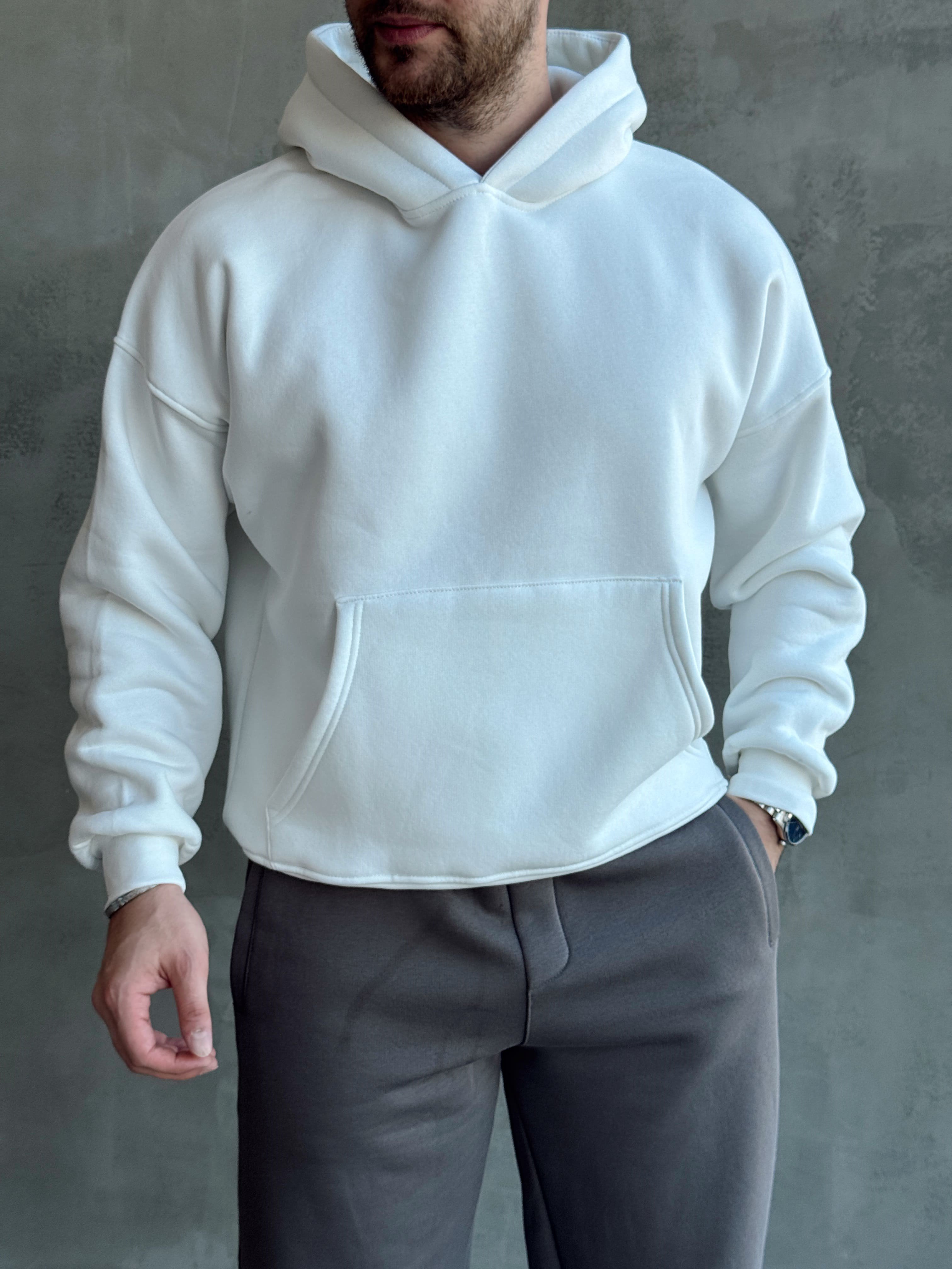 Erkek Yeni Sezon Oversize Kalıp Kapüşonlu Kanguru Cepli Basic 3 İplik Sweat-Beyaz(E1802)Ketench