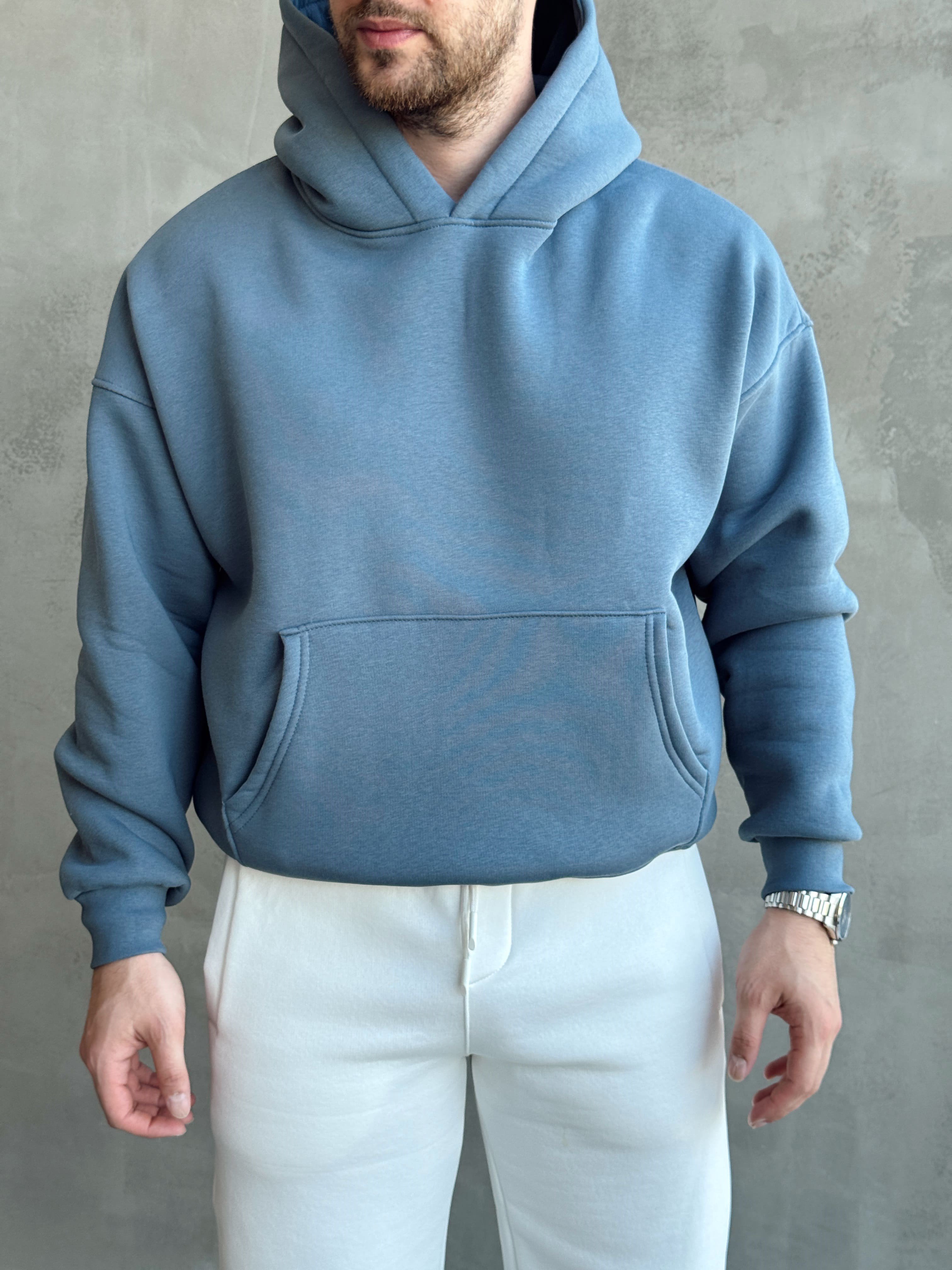 Erkek Yeni Sezon Oversize Kalıp Kapüşonlu Kanguru Cepli Basic 3 İplik Sweat-İndigo(E1802)