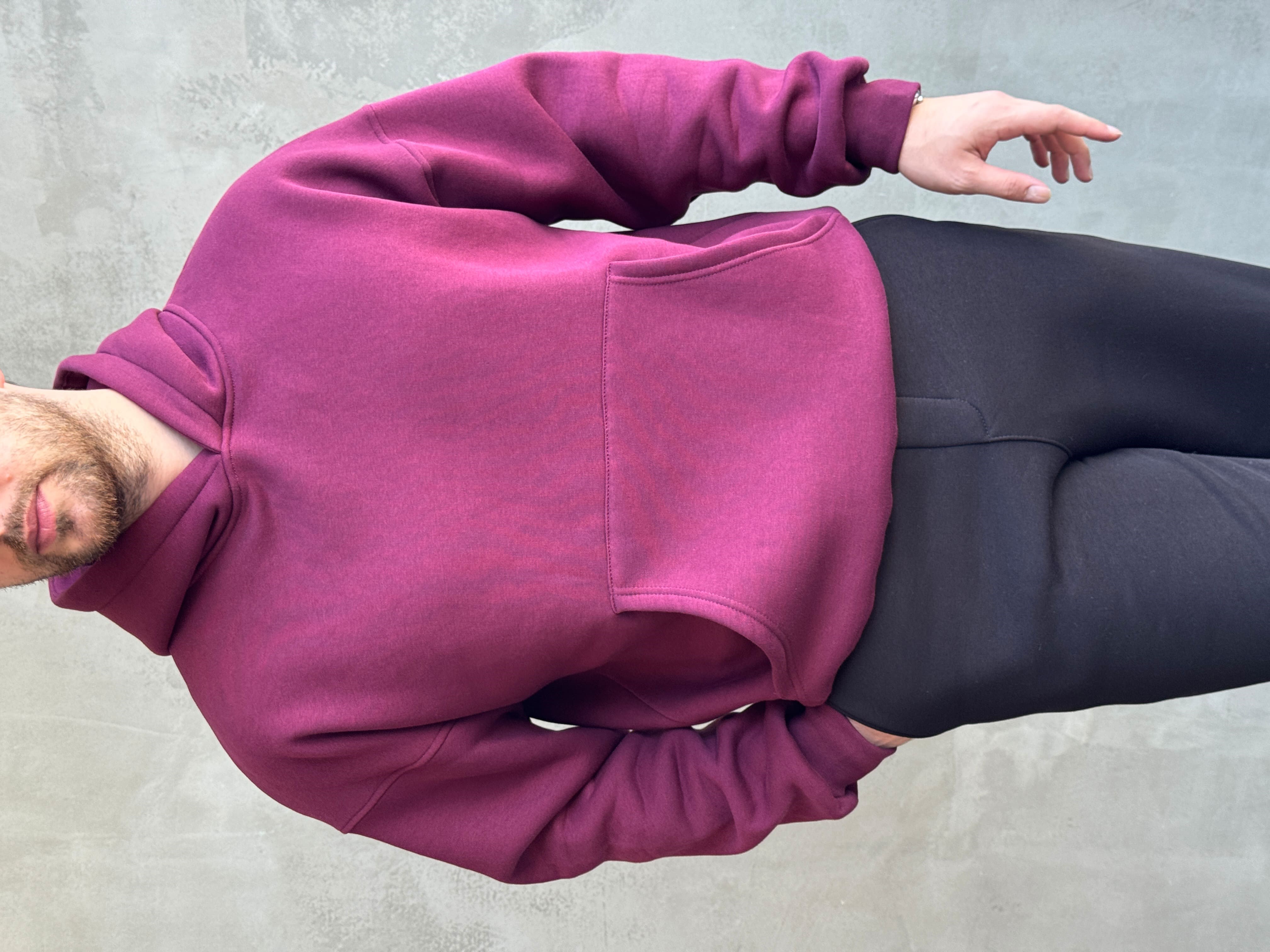 Erkek Yeni Sezon Oversize Kalıp Kapüşonlu Kanguru Cepli Basic 3 İplik Sweat-Bordo(E1802)Ketench
