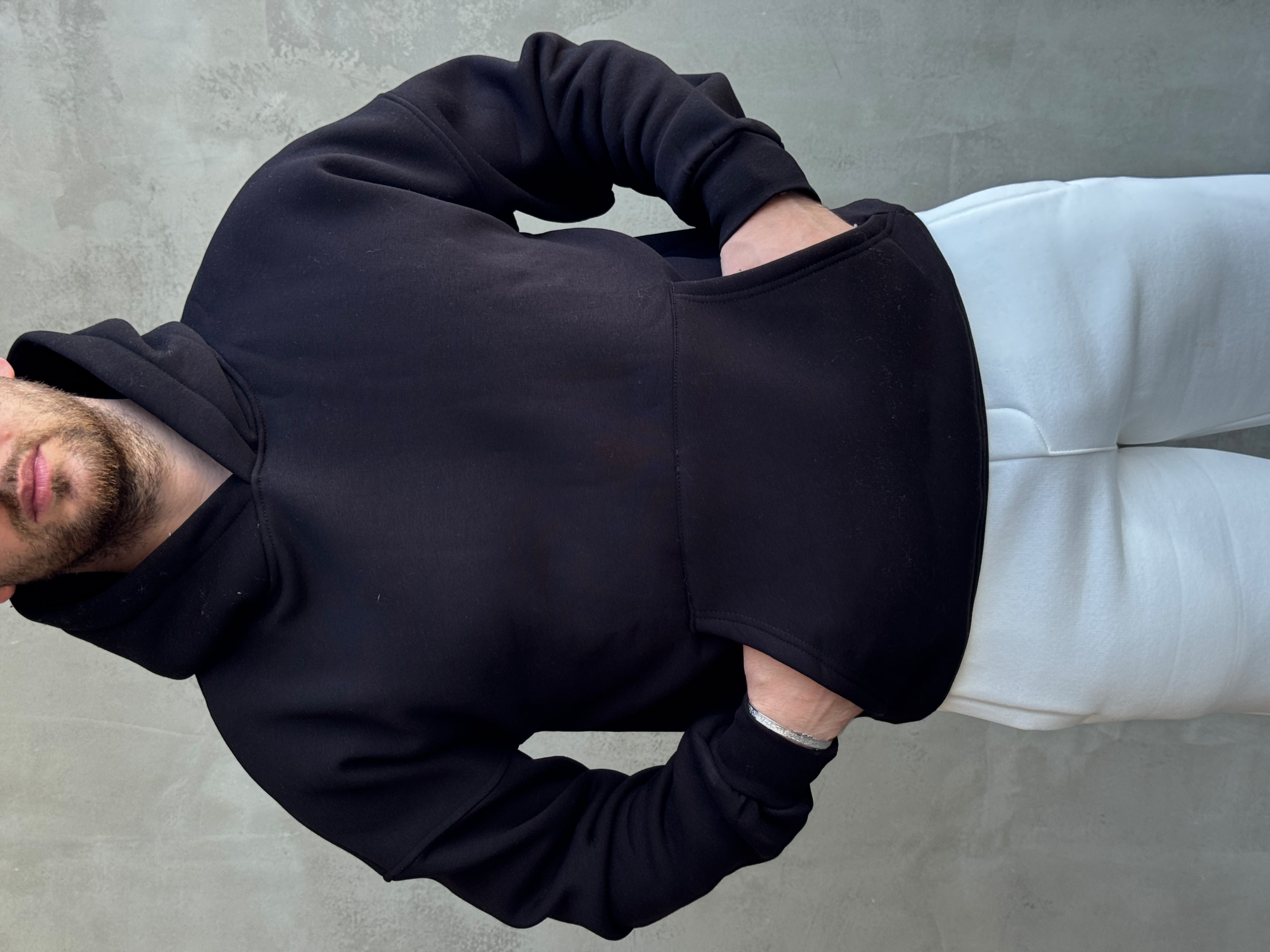 Erkek Yeni Sezon Oversize Kalıp Kapüşonlu Kanguru Cepli Basic 3 İplik Sweat-Siyah(E1802)