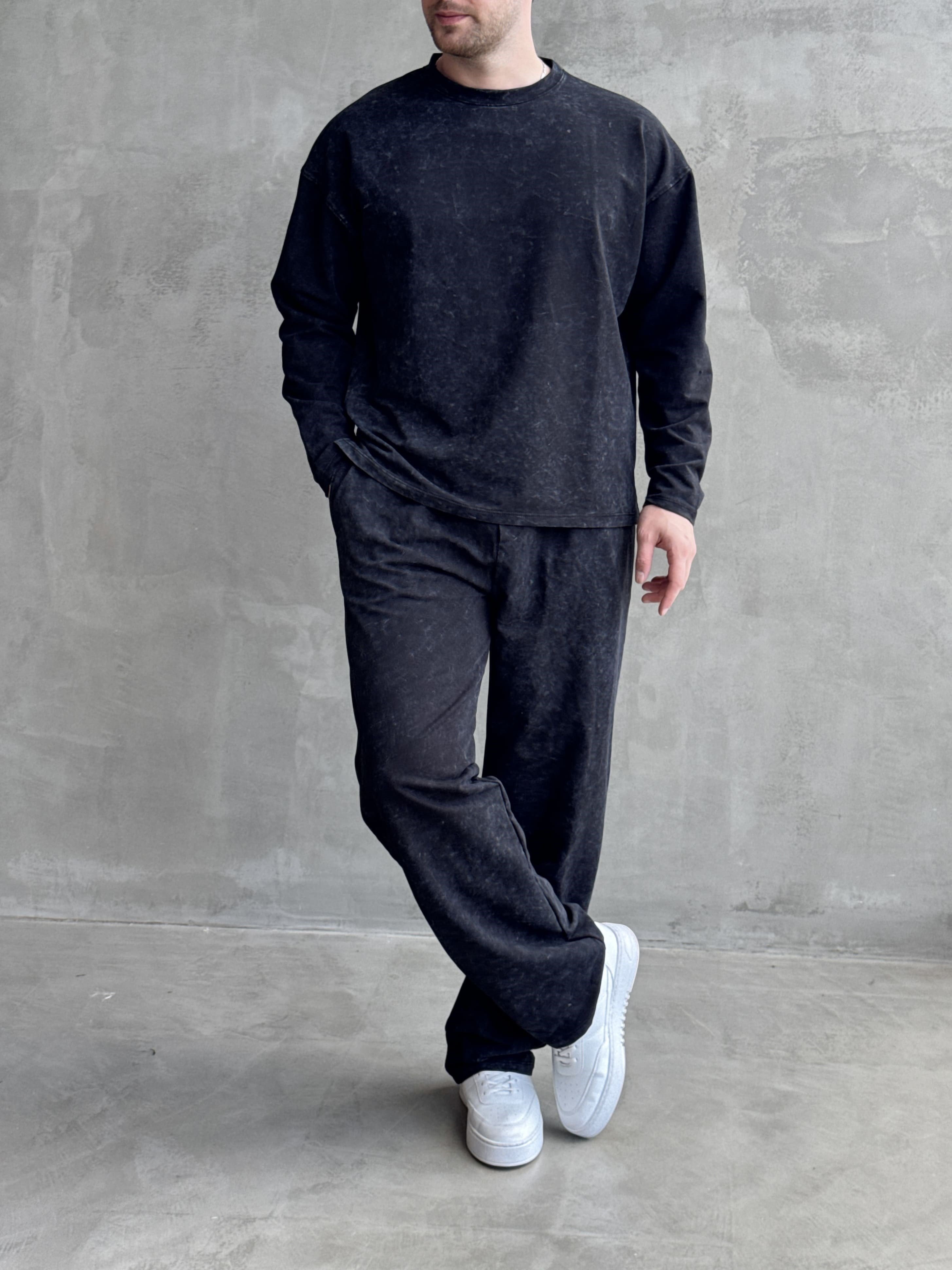 Erkek Yeni Sezon Oversize Kalıp Yıkamalı Uzun Kol T-Shirt Baggy Kalıp Eşofman Takım-Siyah(E1856)