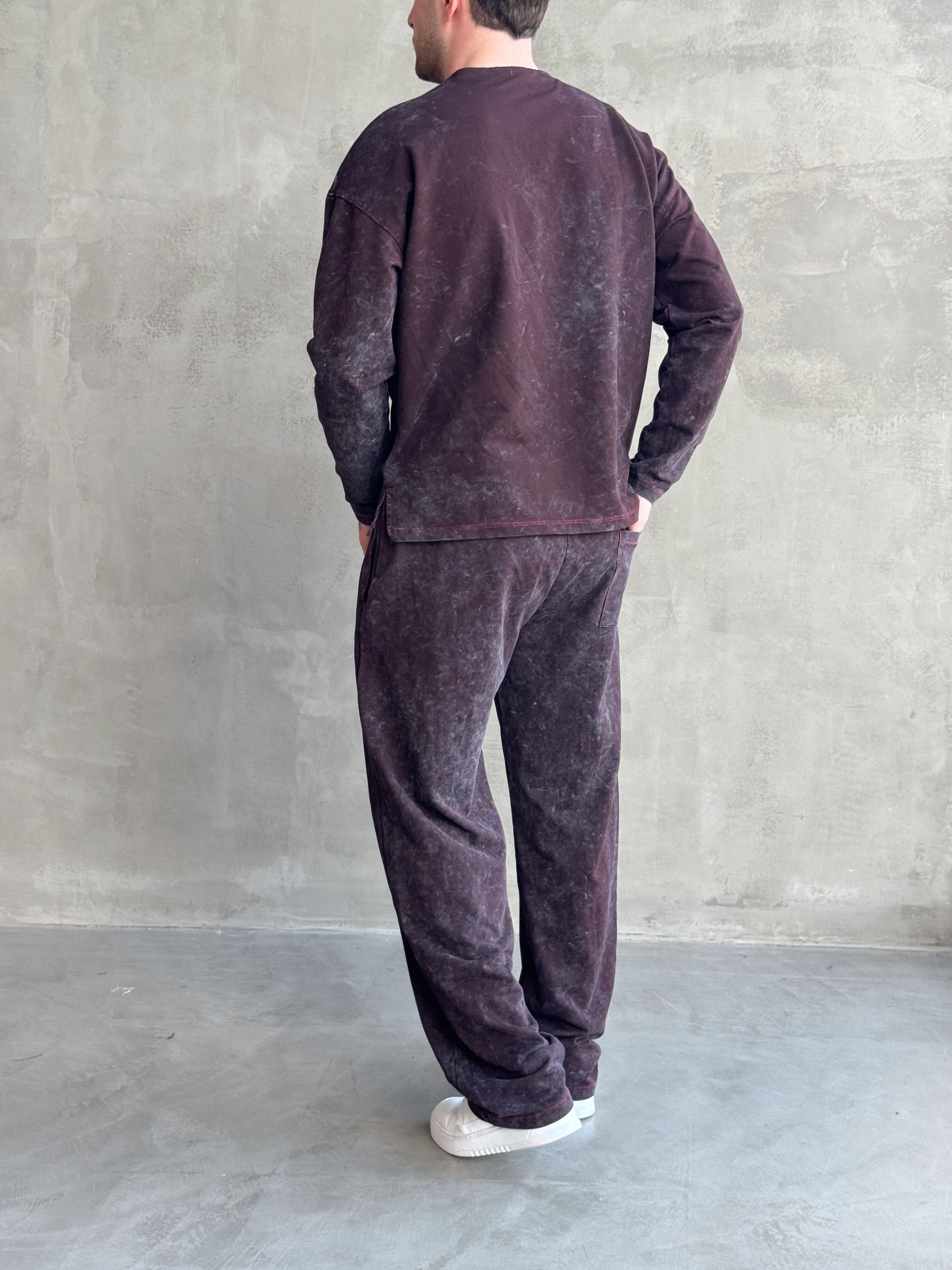 Erkek Yeni Sezon Oversize Kalıp Yıkamalı Uzun Kol T-Shirt Baggy Kalıp Eşofman Takım-Bordo(E1856)