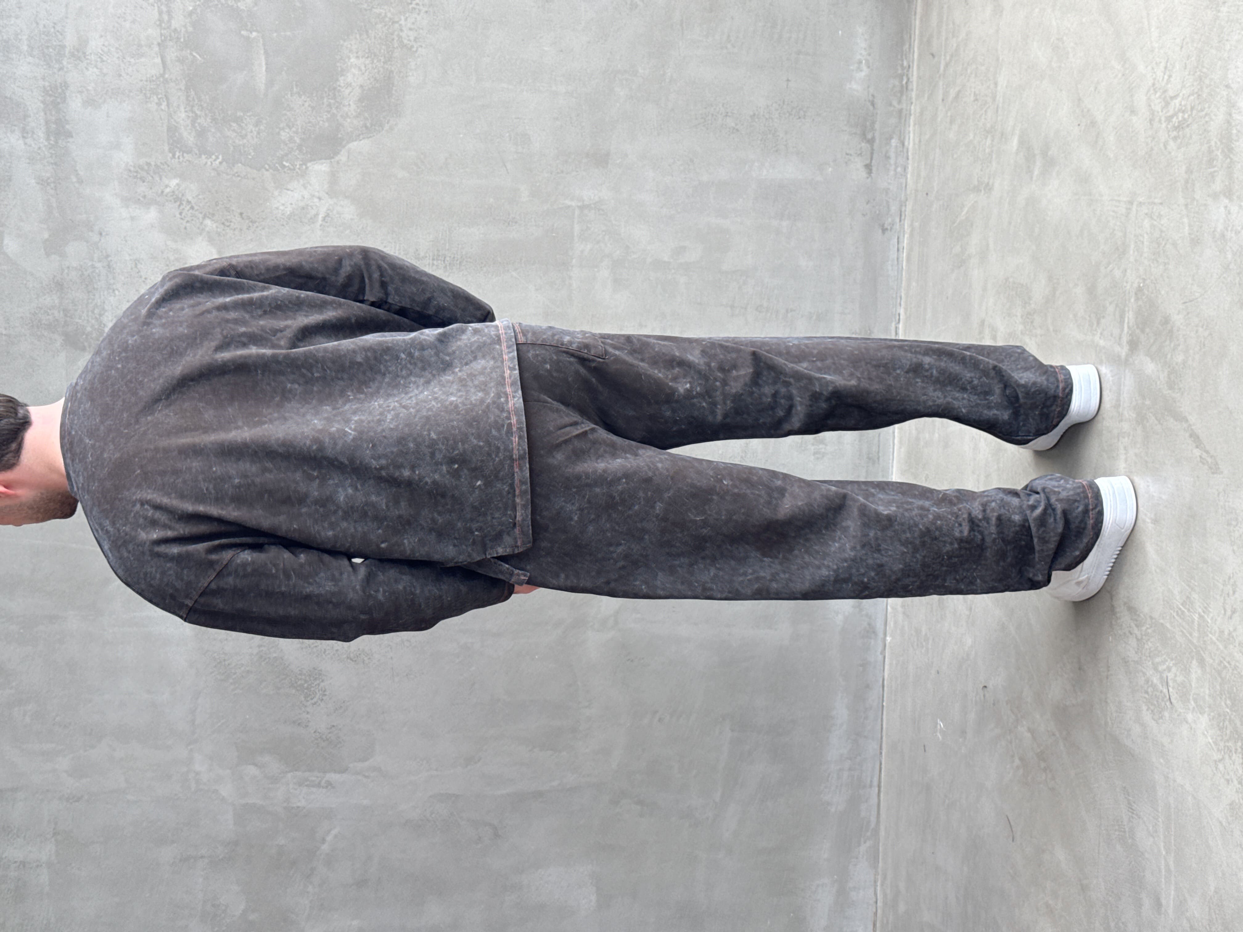 Erkek Yeni Sezon Oversize Kalıp Yıkamalı Uzun Kol T-Shirt Baggy Kalıp Eşofman Takım-Füme(E1856)