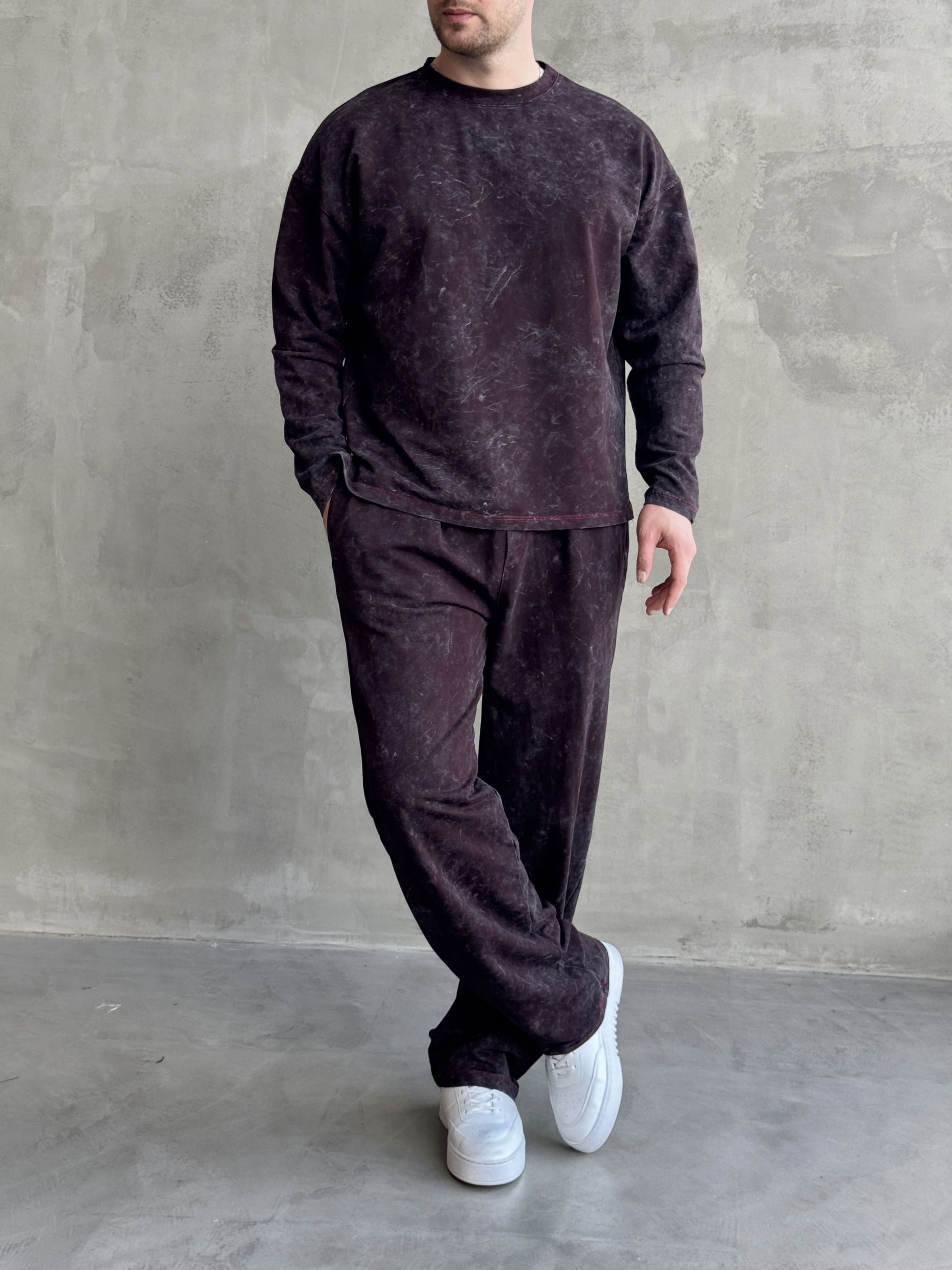 Erkek Yeni Sezon Oversize Kalıp Yıkamalı Uzun Kol T-Shirt Baggy Kalıp Eşofman Takım-Bordo(E1856)
