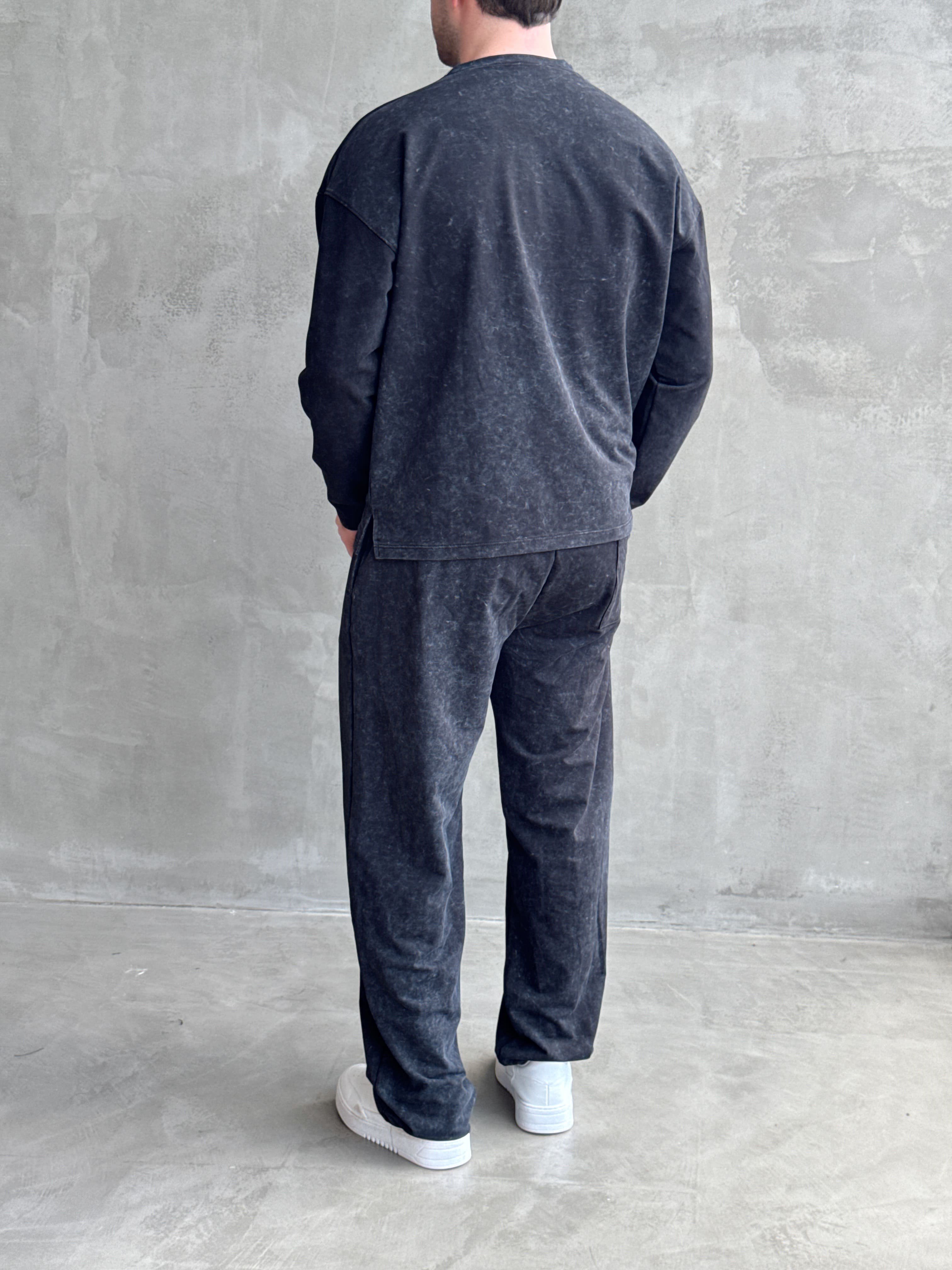 Erkek Yeni Sezon Oversize Kalıp Yıkamalı Uzun Kol T-Shirt Baggy Kalıp Eşofman Takım-Siyah(E1856)
