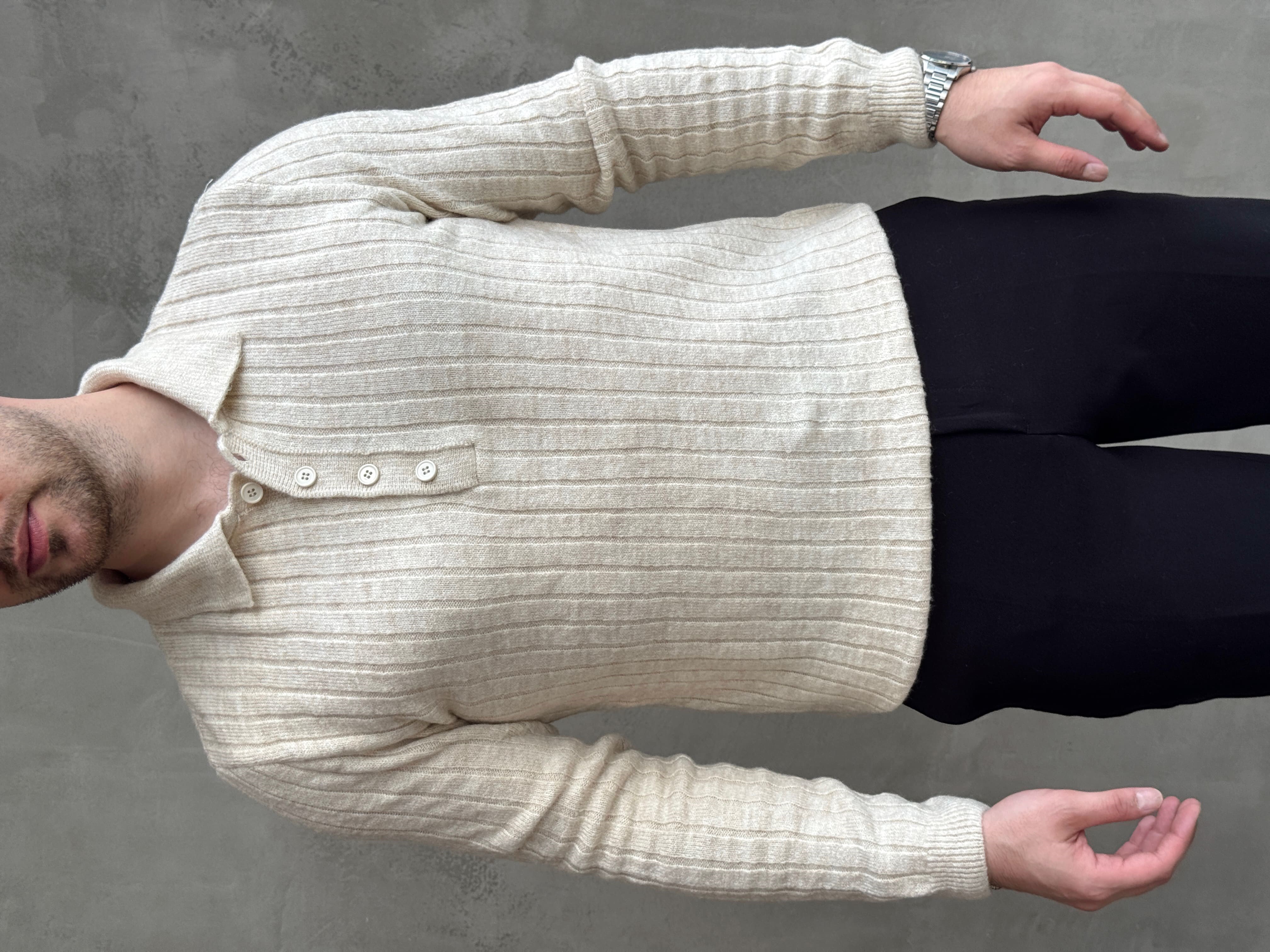 Erkek Yeni Sezon Regular Fit Düğme Detaylı Polo Yaka Triko Kazak-Bej(E1833)