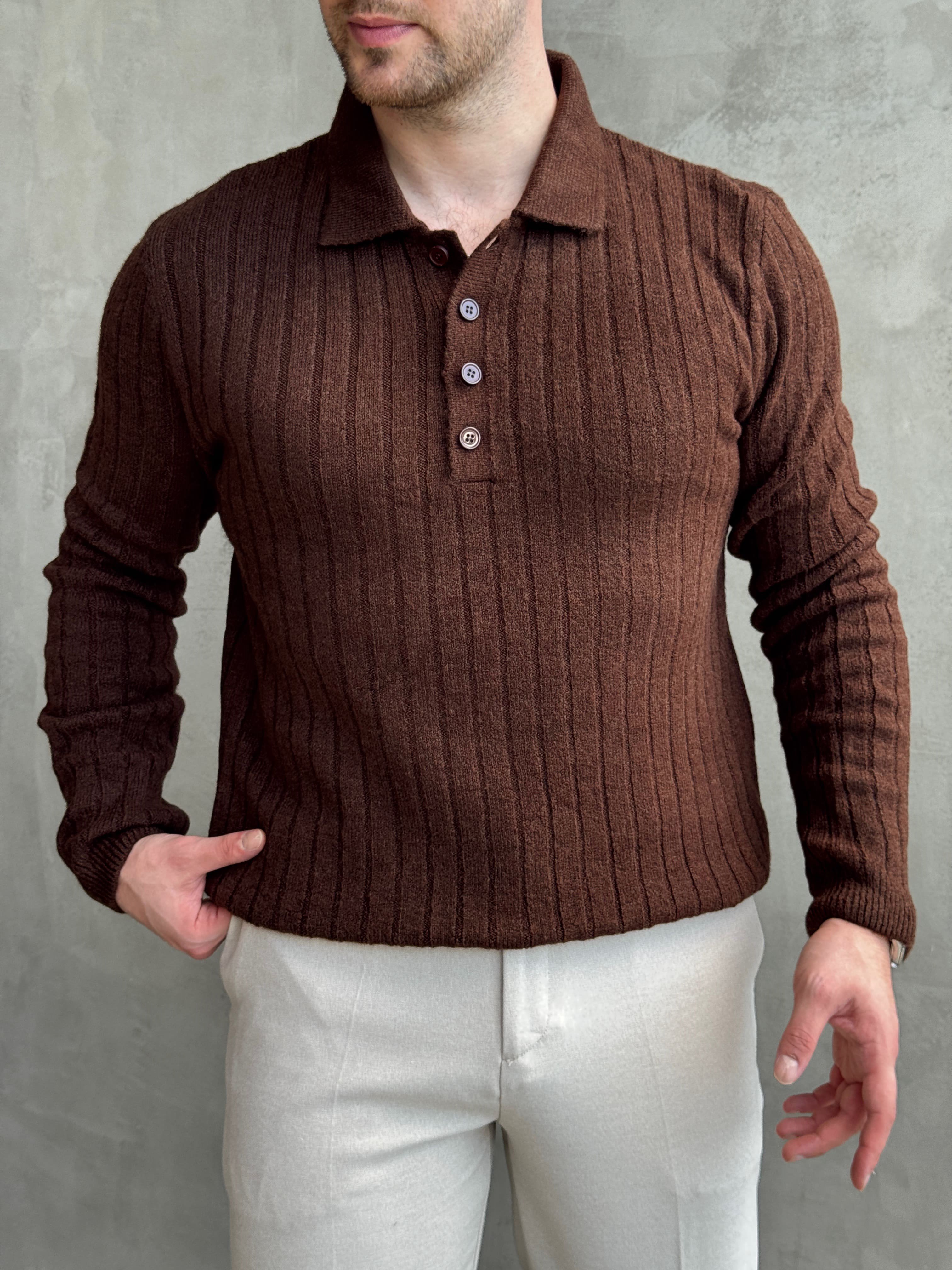 Erkek Yeni Sezon Regular Fit Düğme Detaylı Polo Yaka Triko Kazak-Kahverengi(E1833)