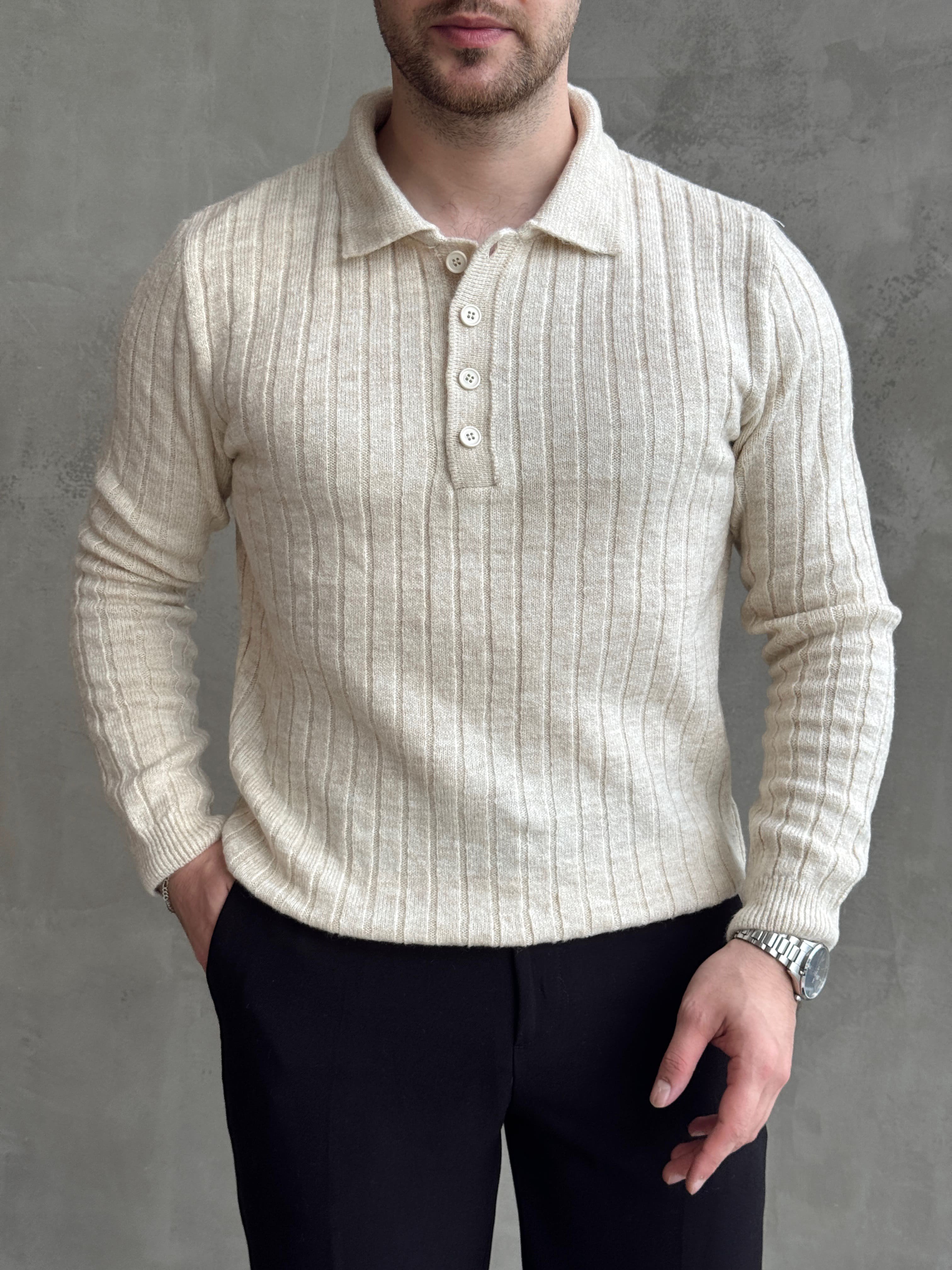 Erkek Yeni Sezon Regular Fit Düğme Detaylı Polo Yaka Triko Kazak-Bej(E1833)
