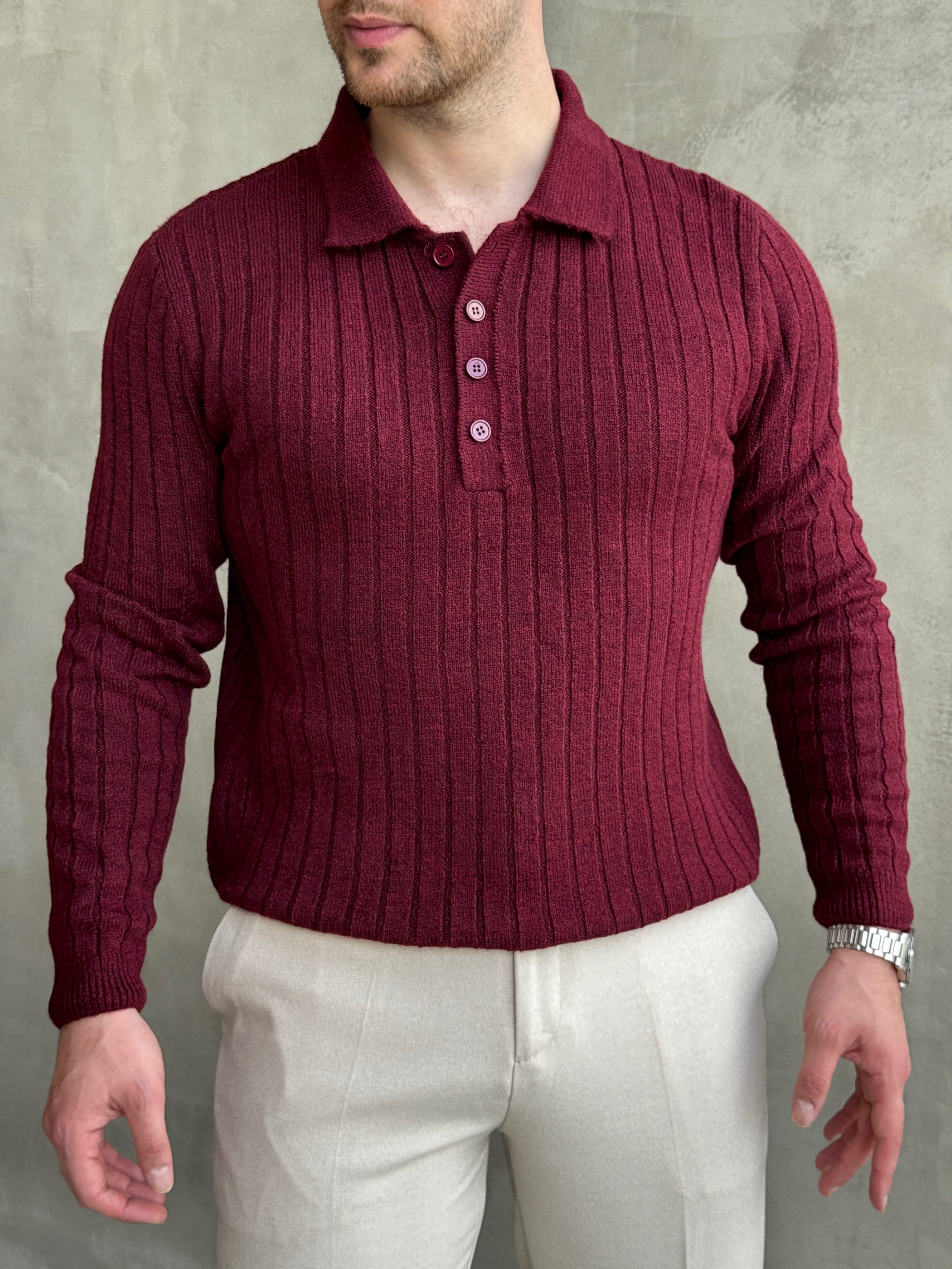 Erkek Yeni Sezon Regular Fit Düğme Detaylı Polo Yaka Triko Kazak-Bordo(E1833)