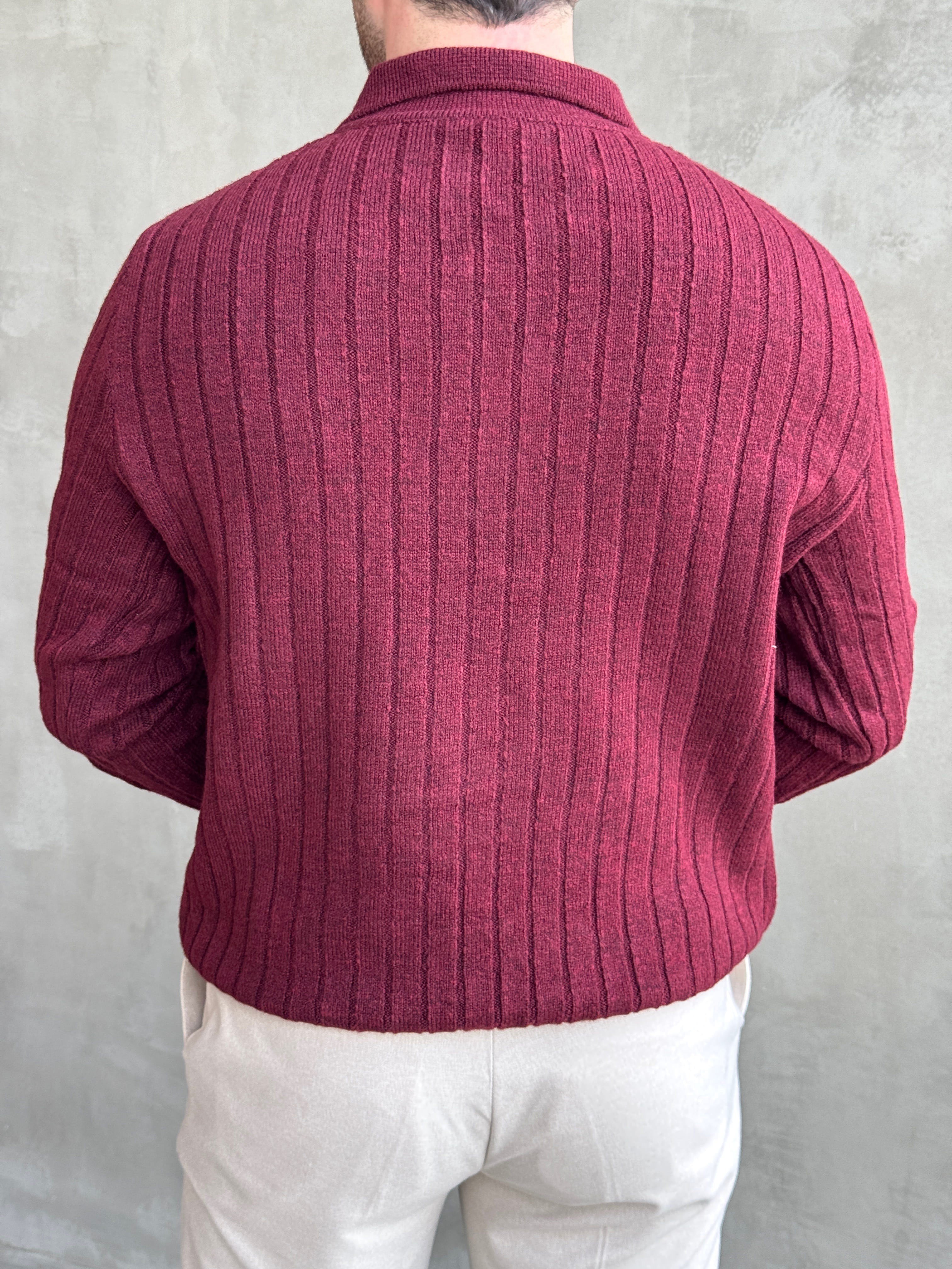 Erkek Yeni Sezon Regular Fit Düğme Detaylı Polo Yaka Triko Kazak-Bordo(E1833)
