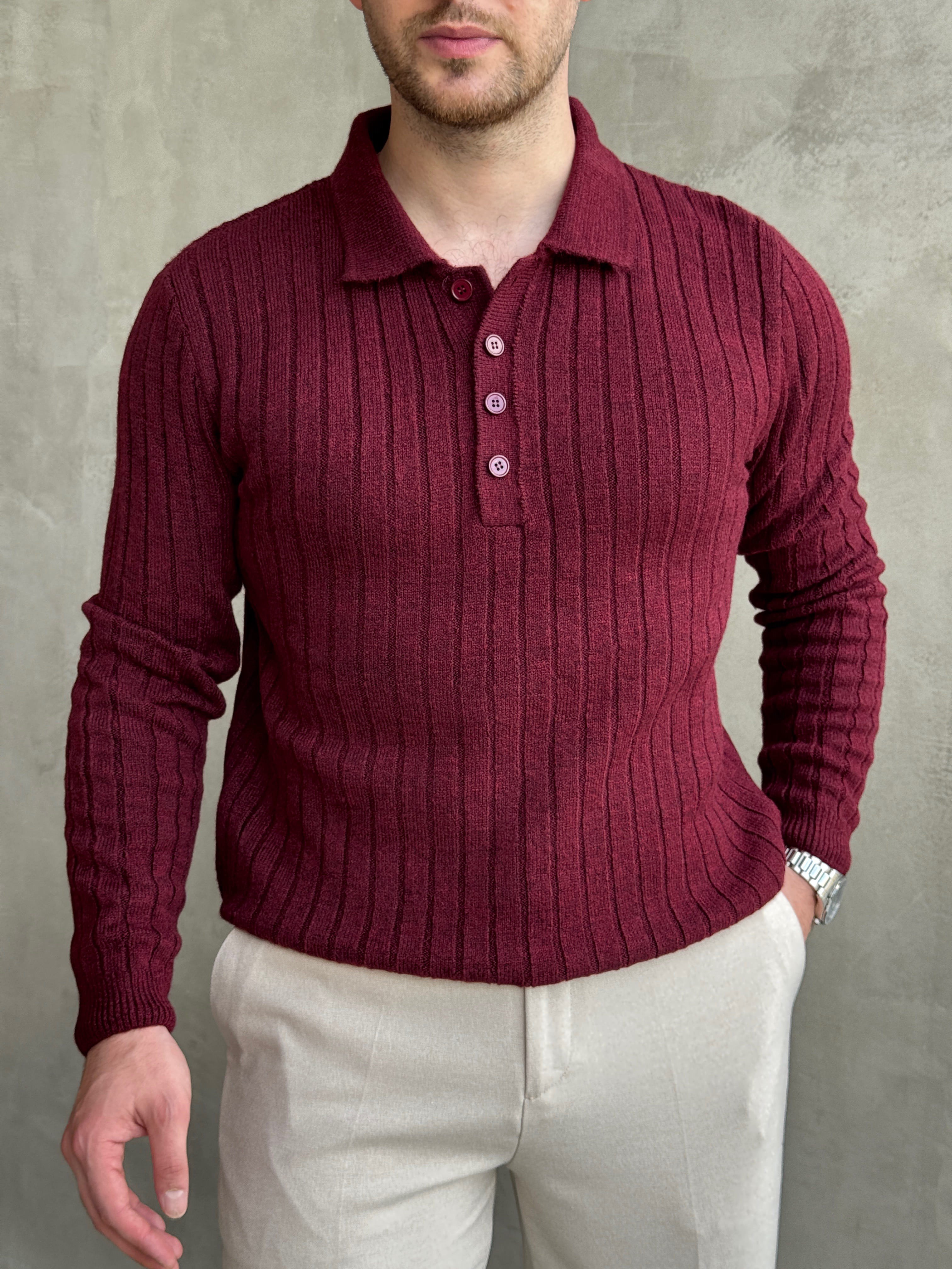 Erkek Yeni Sezon Regular Fit Düğme Detaylı Polo Yaka Triko Kazak-Bordo(E1833)