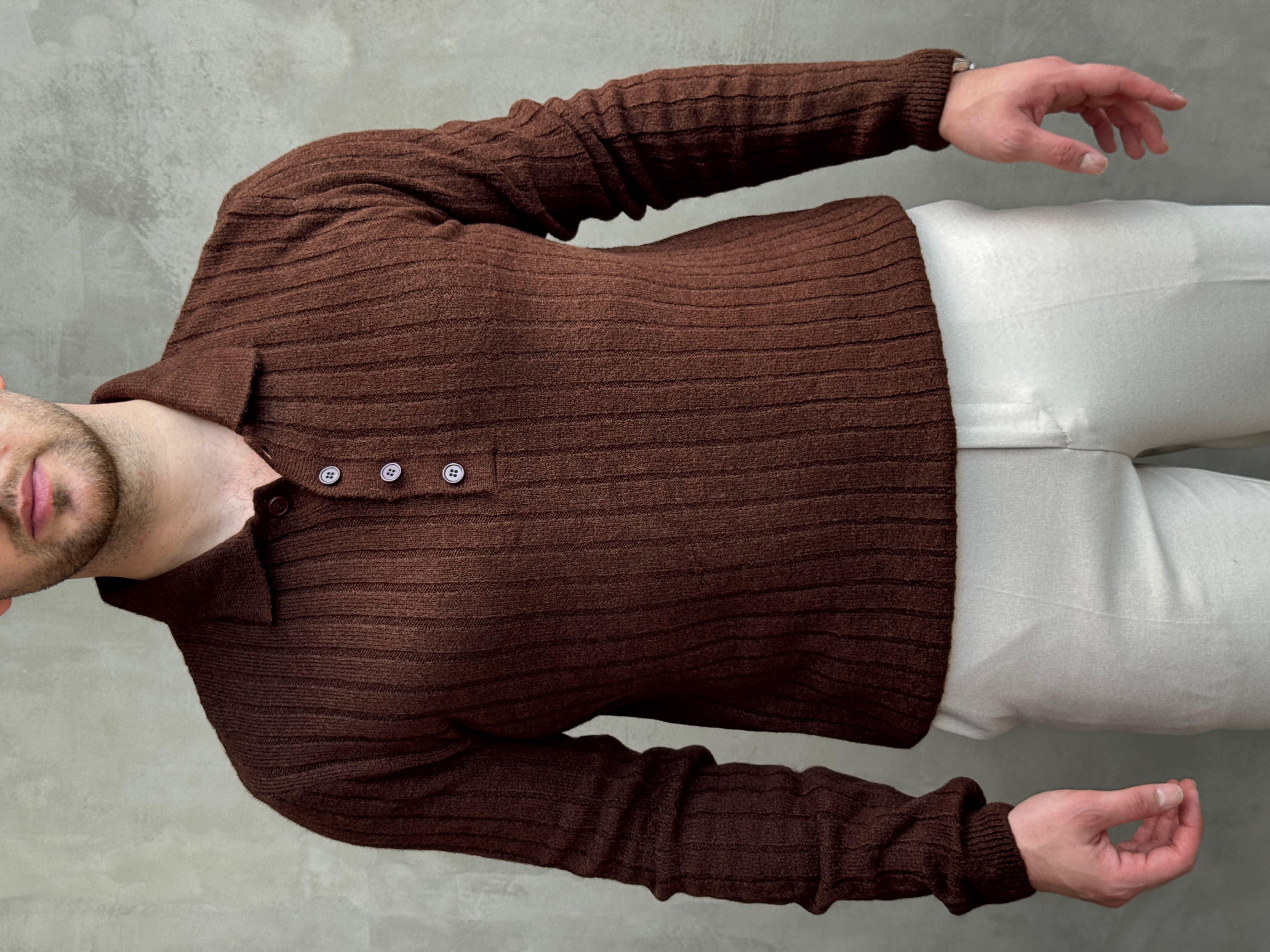 Erkek Yeni Sezon Regular Fit Düğme Detaylı Polo Yaka Triko Kazak-Kahverengi(E1833)