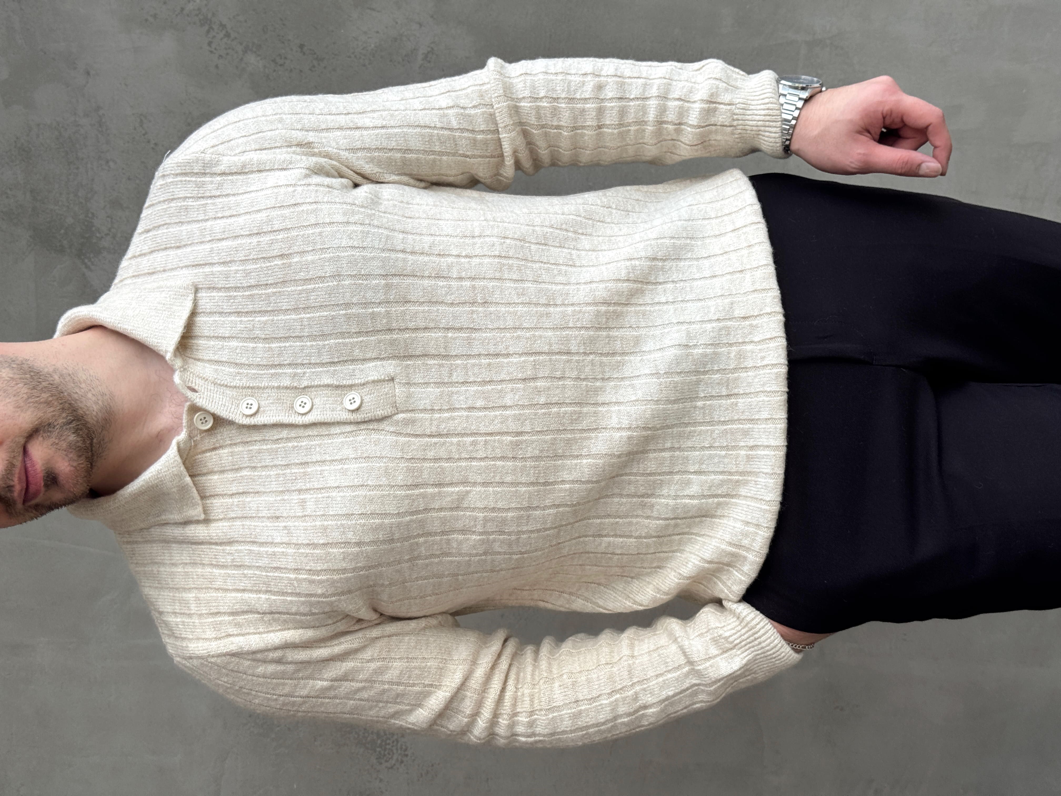 Erkek Yeni Sezon Regular Fit Düğme Detaylı Polo Yaka Triko Kazak-Bej(E1833)