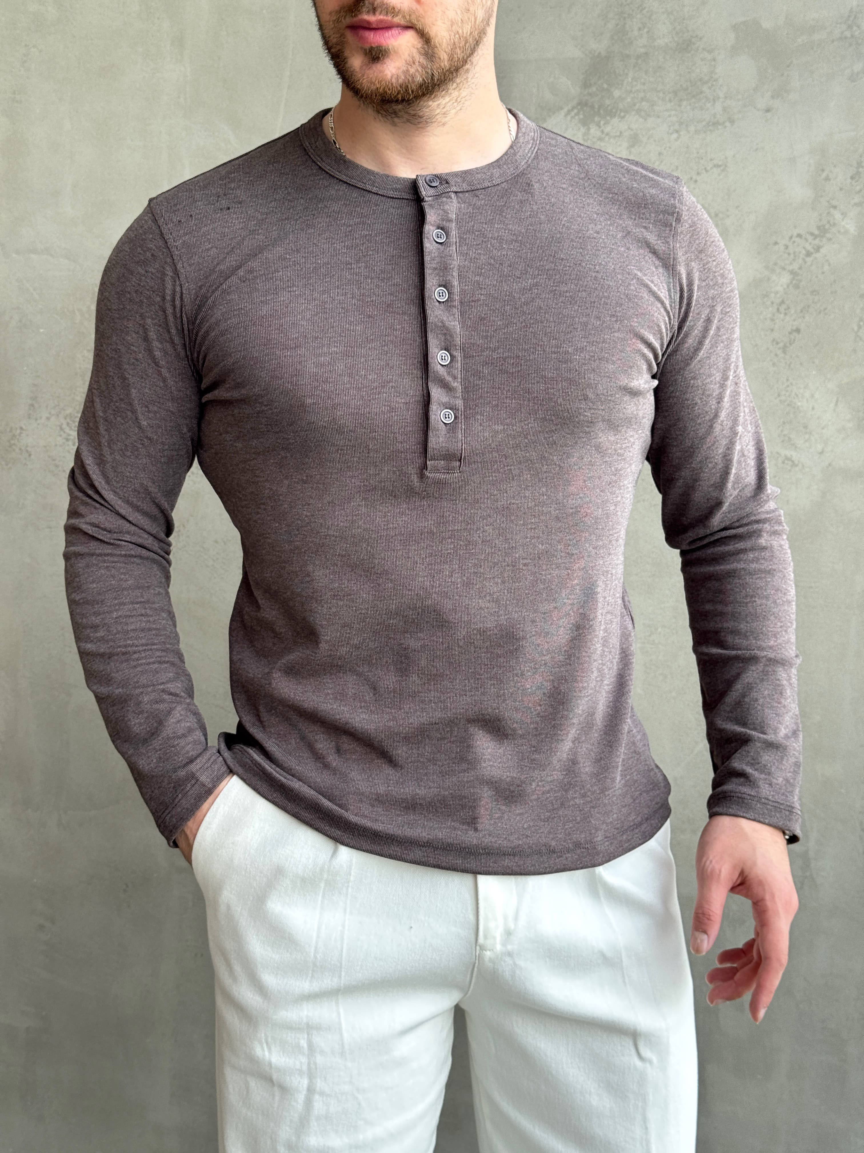 Erkek Yeni Sezon Regular Fit Düğme Yaka İnce Triko Basic Kazak-Kahverengi(E1845)