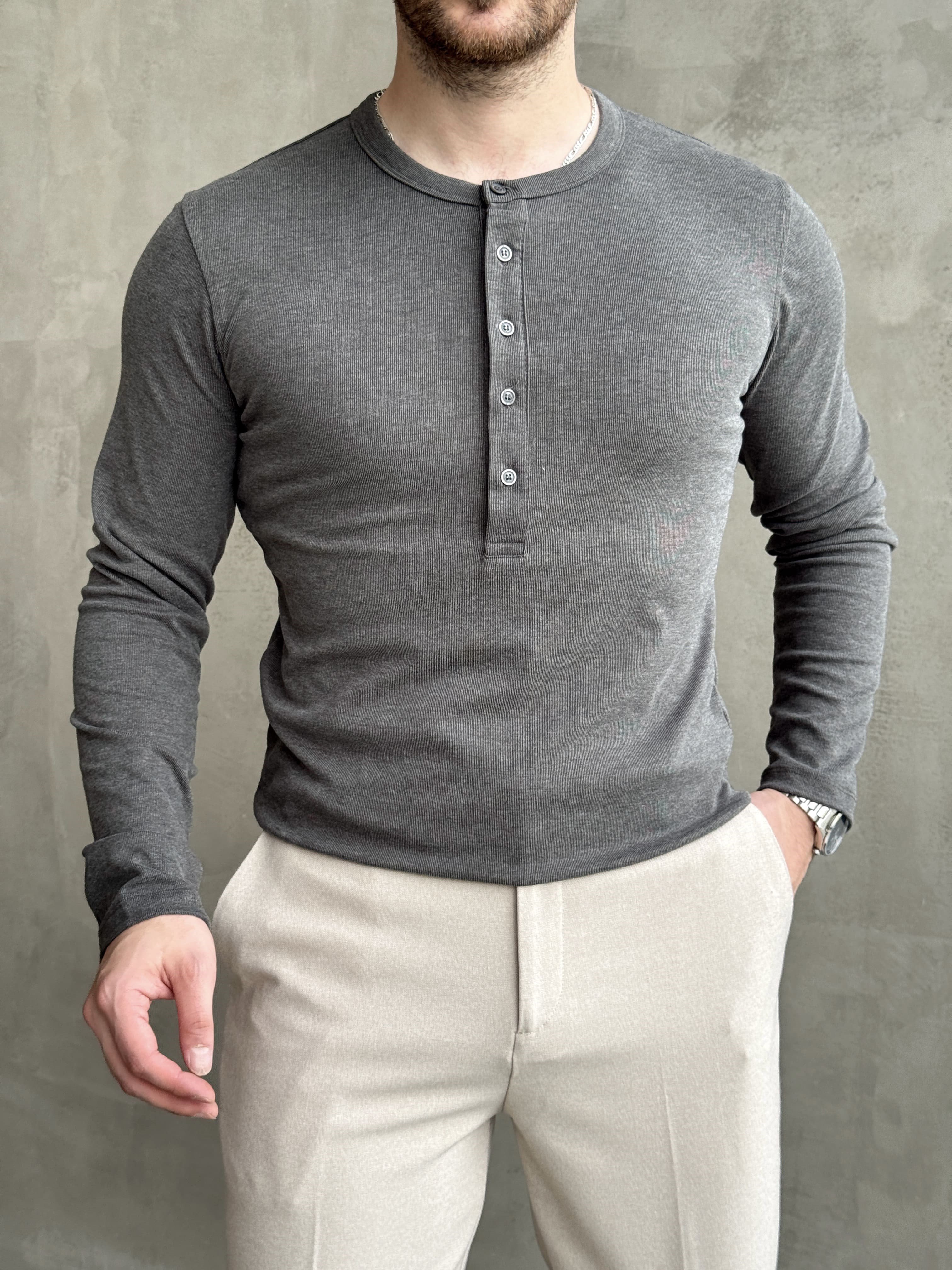 Erkek Yeni Sezon Regular Fit Düğme Yaka İnce Triko Basic Kazak-Haki(E1845)