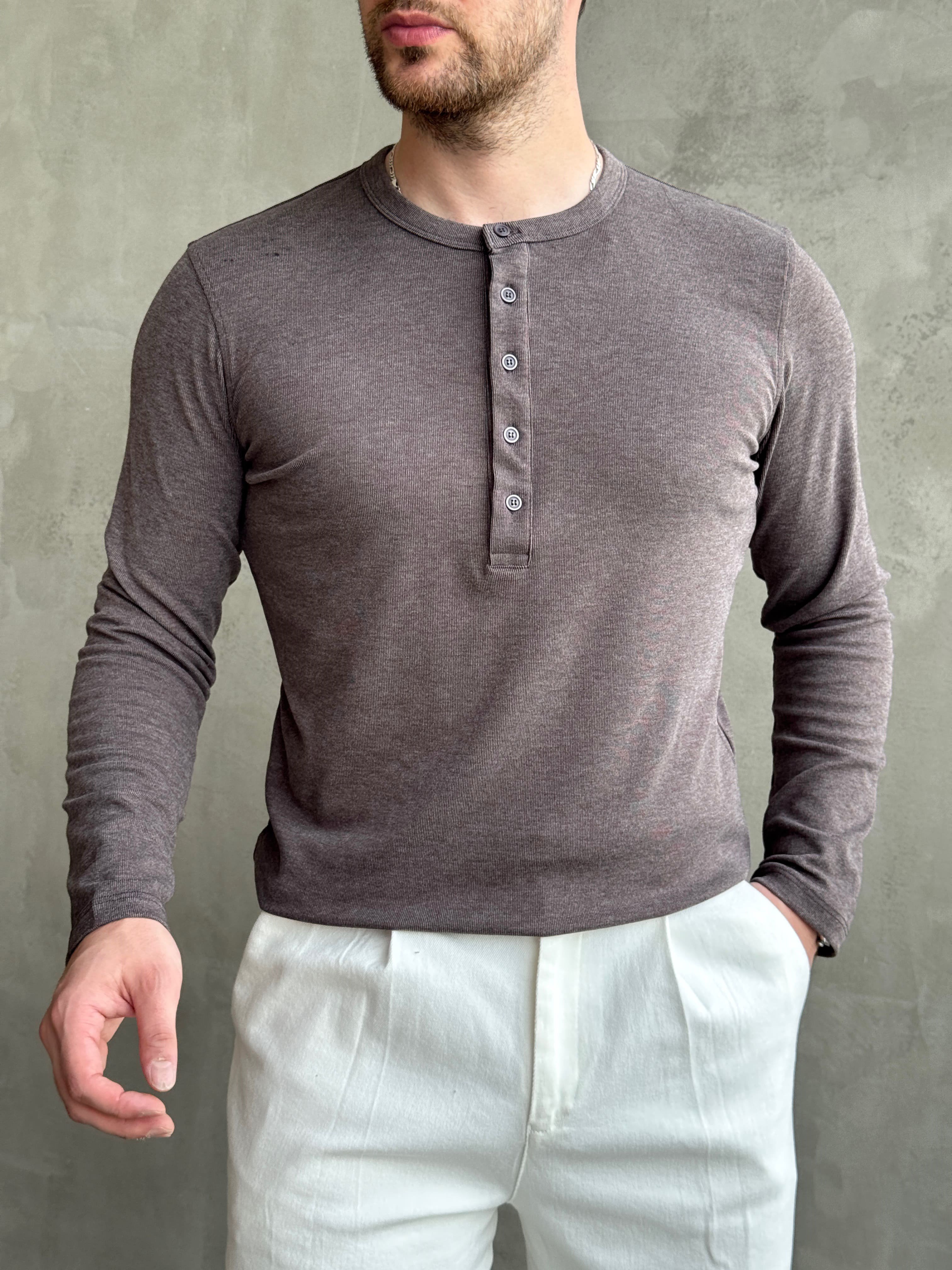 Erkek Yeni Sezon Regular Fit Düğme Yaka İnce Triko Basic Kazak-Kahverengi(E1845)