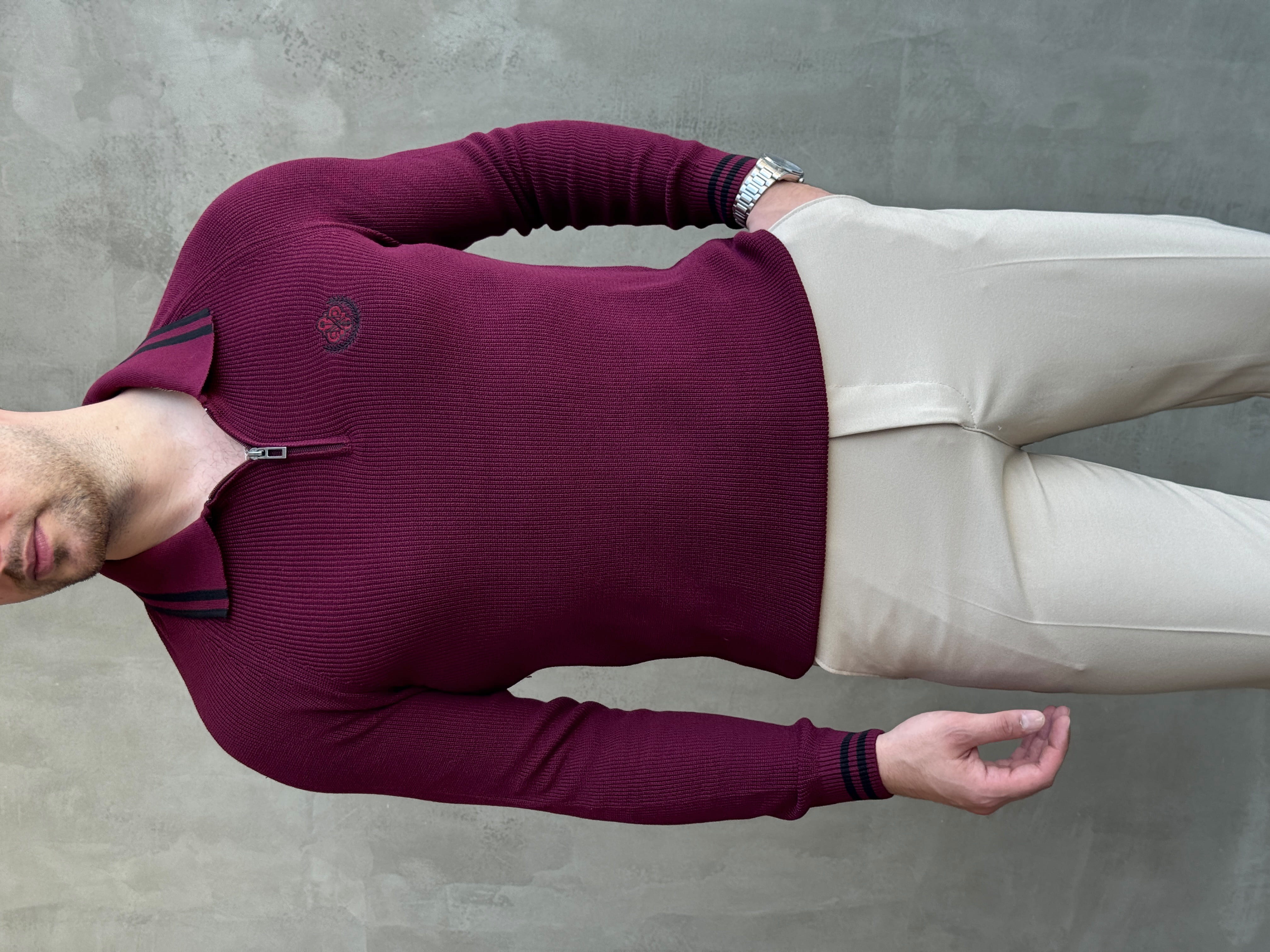 Erkek Yeni Sezon Regular Fit Fermuarlı Yaka Çizgi Detaylı Triko Kazak-Bordo(E1791)