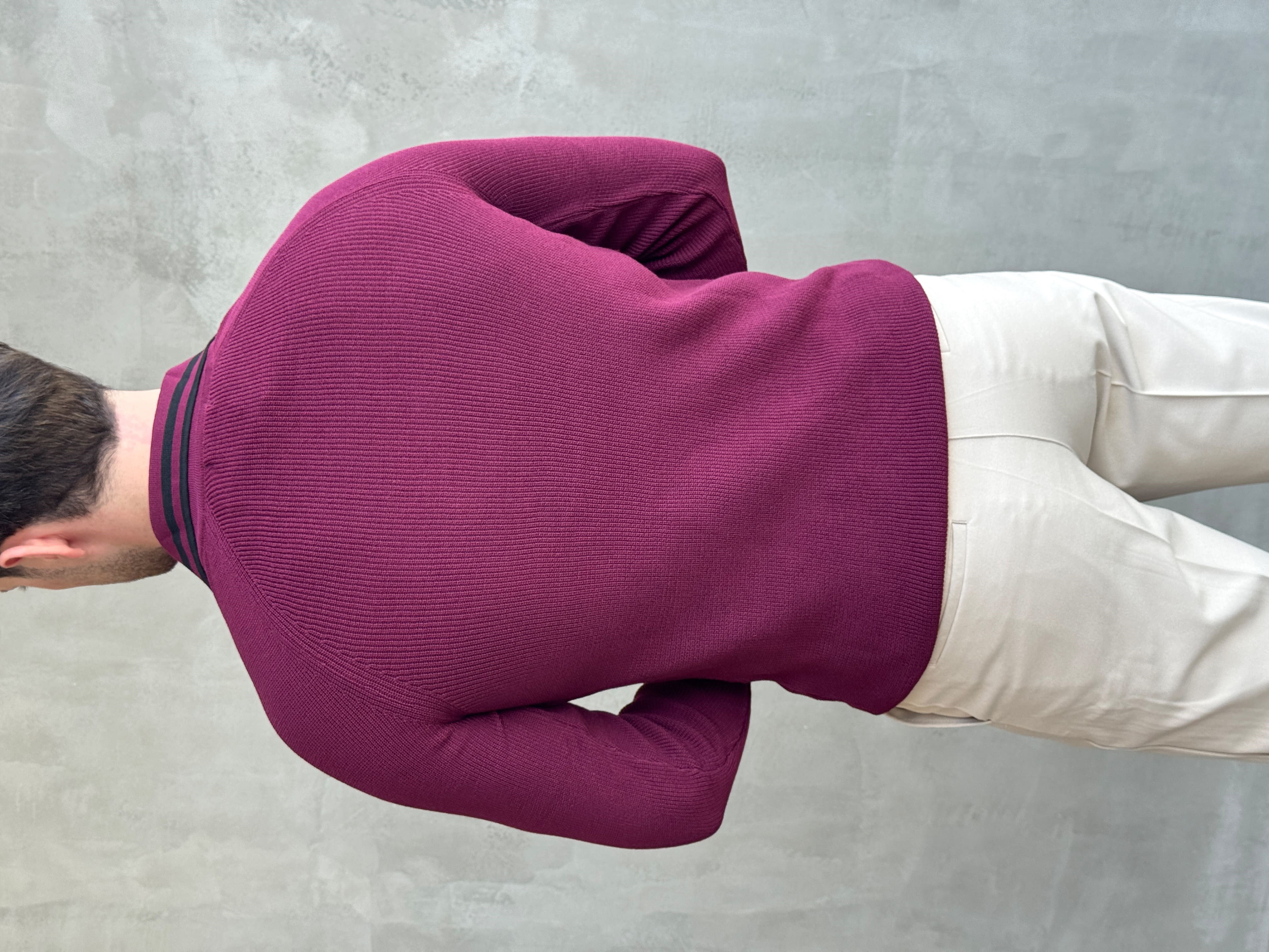 Erkek Yeni Sezon Regular Fit Fermuarlı Yaka Çizgi Detaylı Triko Kazak-Bordo(E1791)