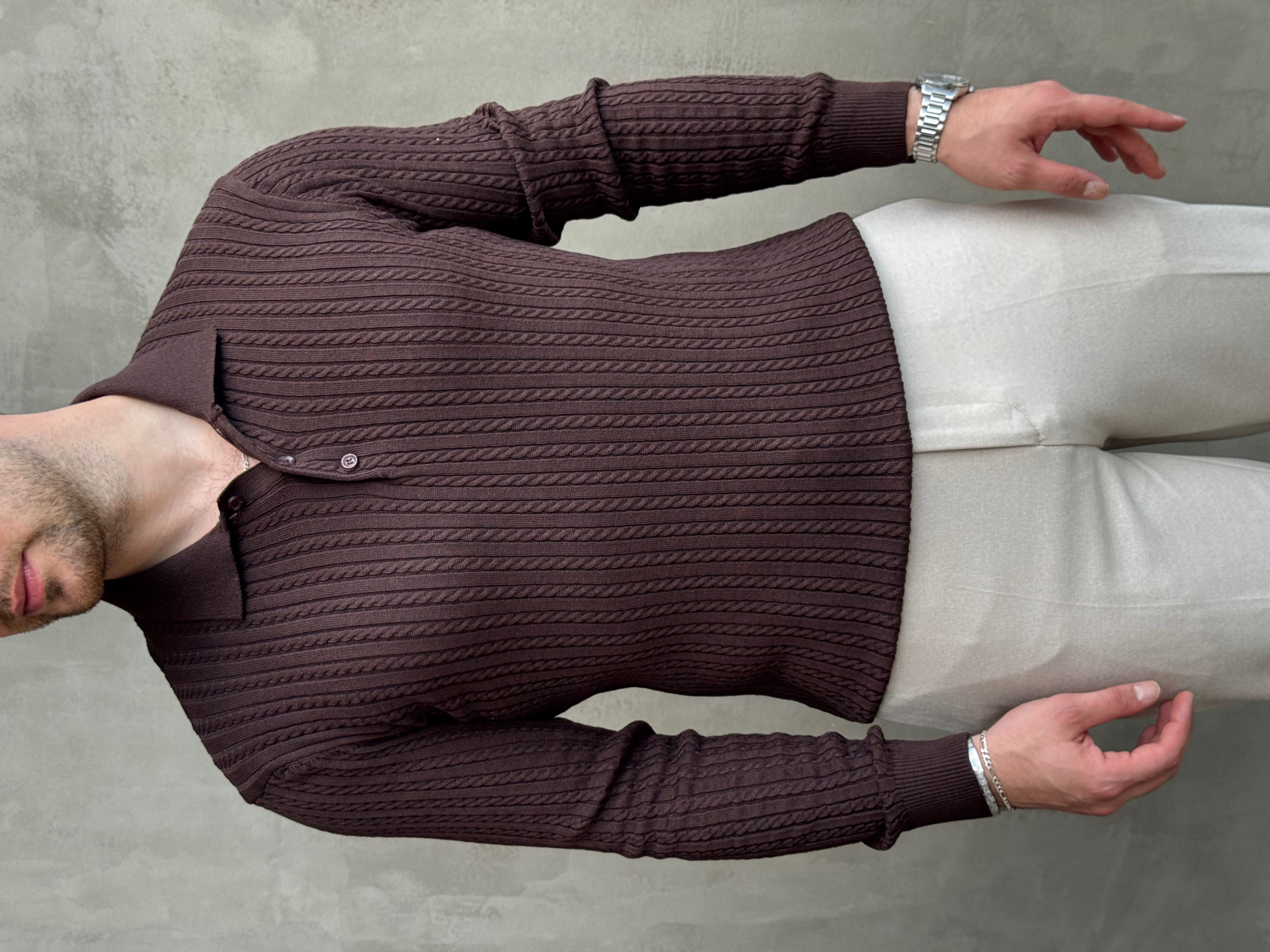 Erkek Yeni Sezon Regular Fit Halat Desenli Düğme Detaylı Polo Yaka Kazak-Kahverengi(E1834)