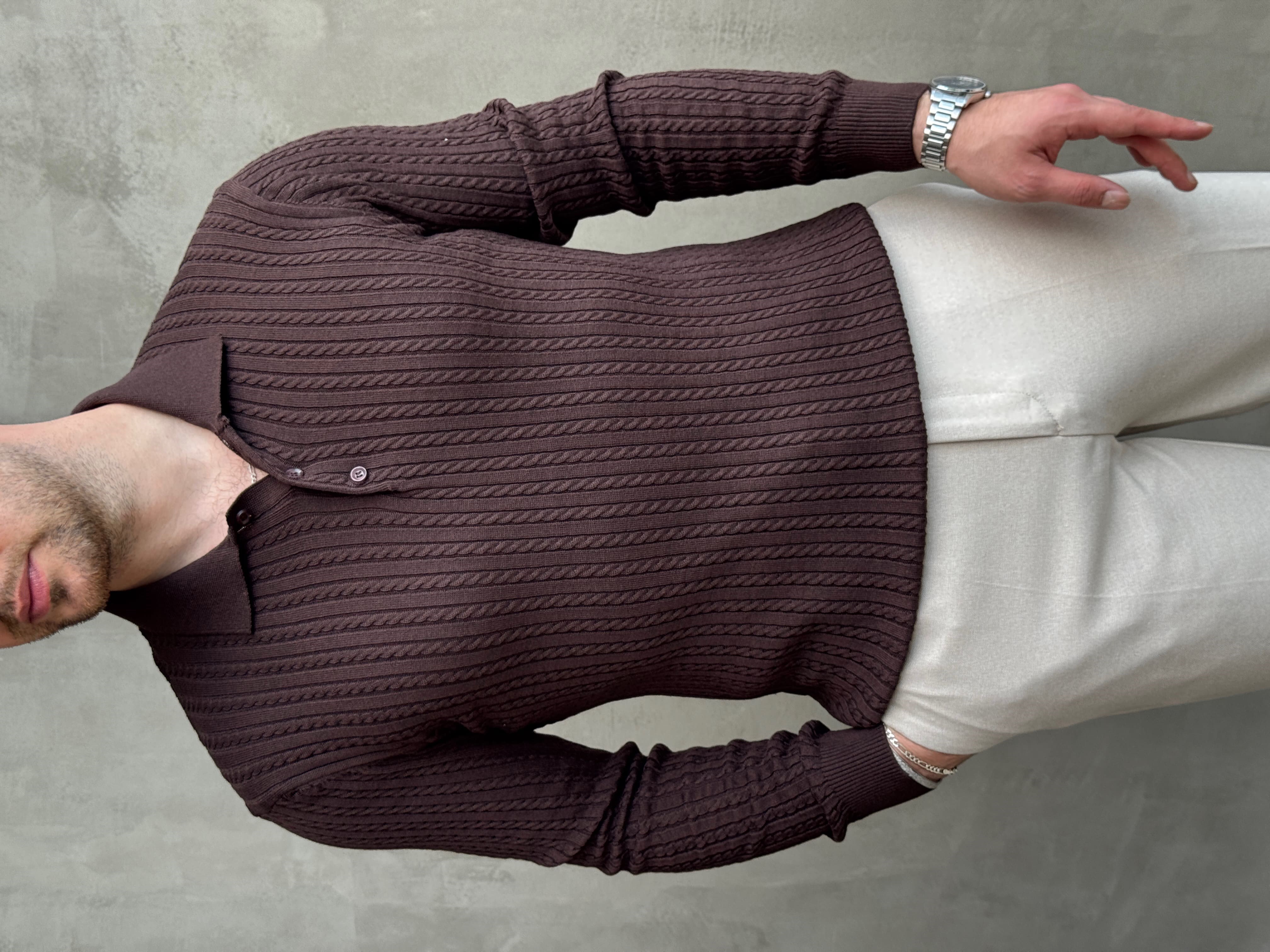 Erkek Yeni Sezon Regular Fit Halat Desenli Düğme Detaylı Polo Yaka Kazak-Kahverengi(E1834)