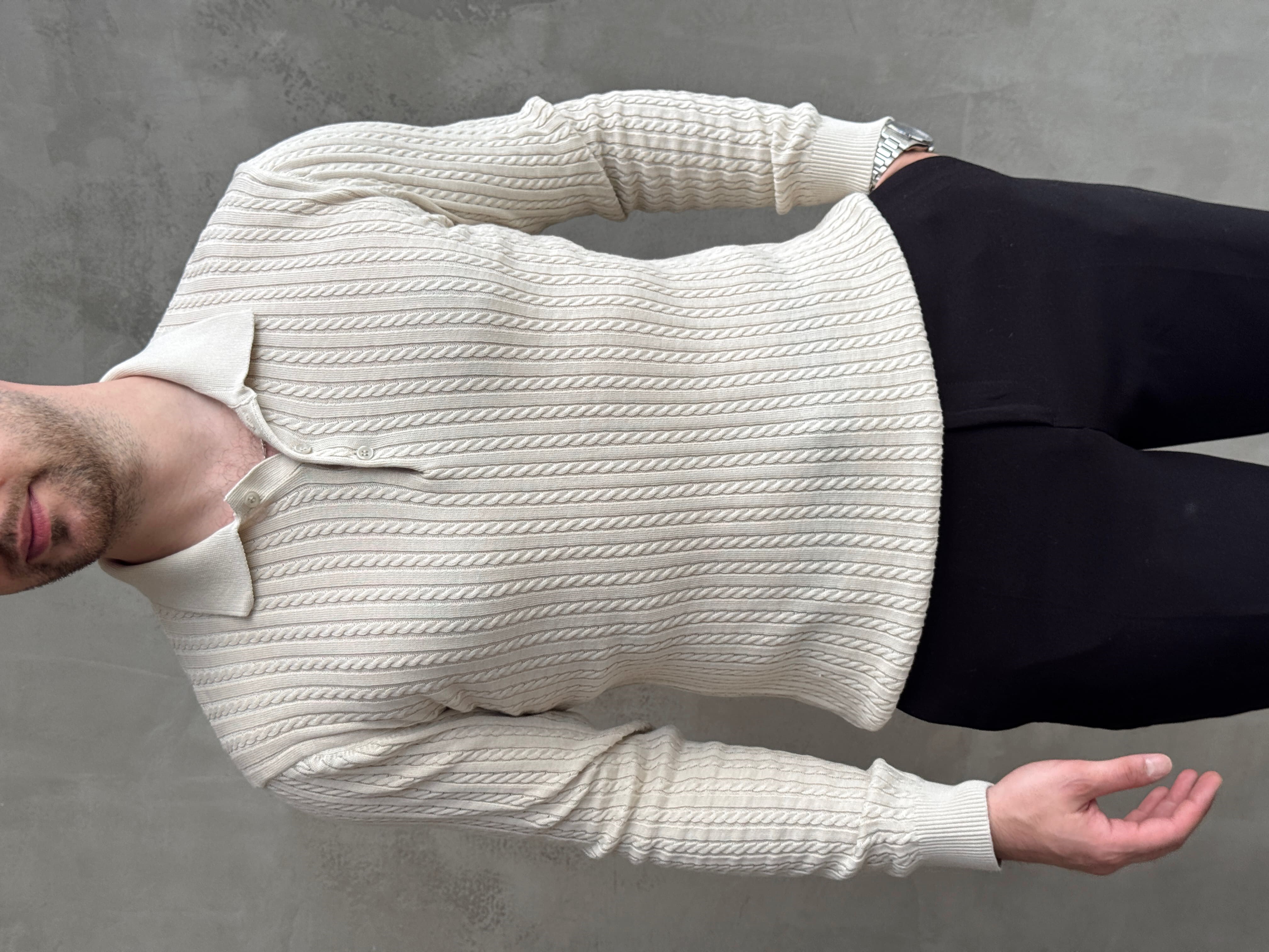 Erkek Yeni Sezon Regular Fit Halat Desenli Düğme Detaylı Polo Yaka Kazak-Bej(E1834)