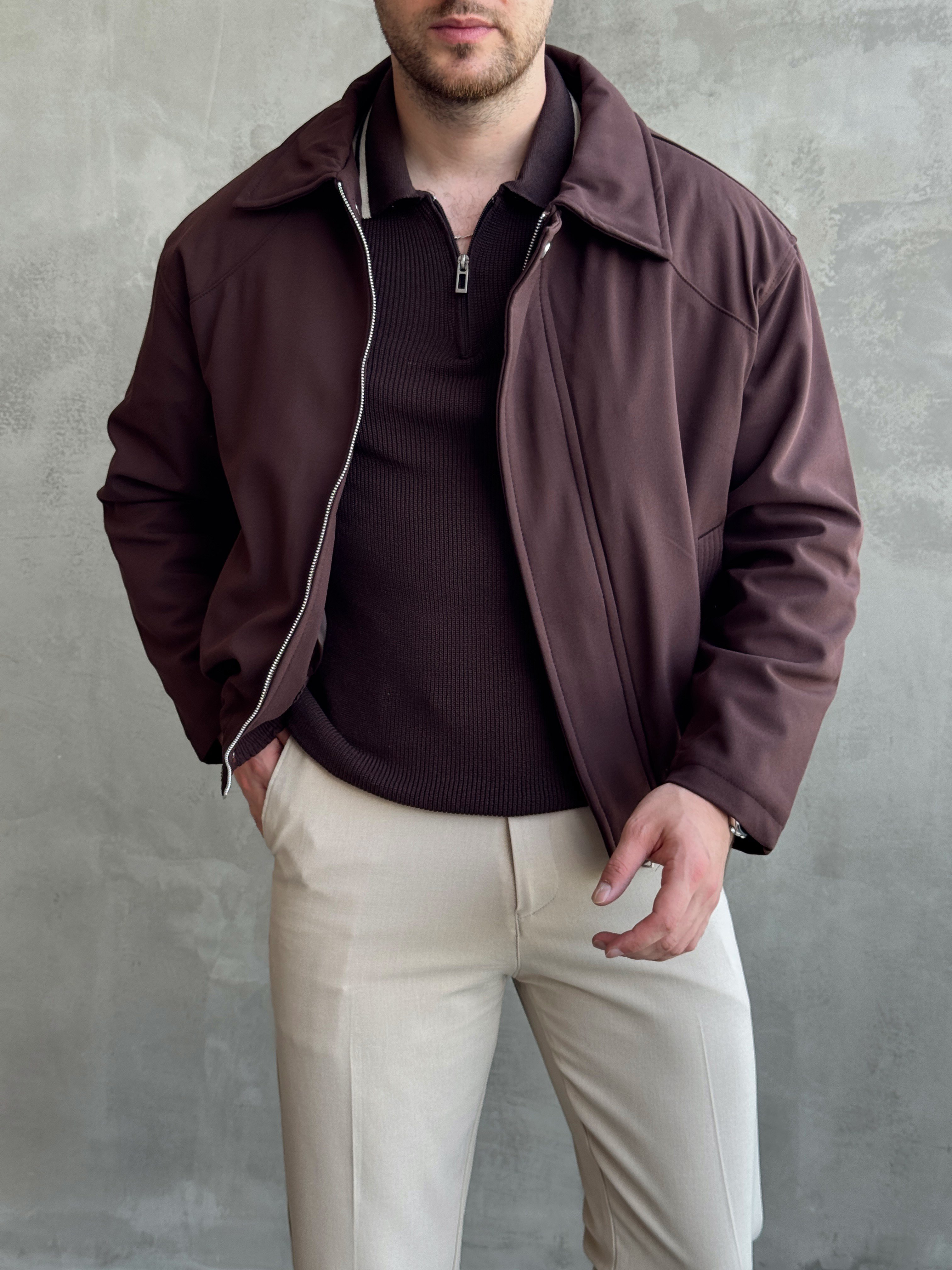 Erkek Yeni Sezon Regular Fit Kesim İçi Astarlı Beli Lastik Detay Gabardin Kumaş Ceket-Kahverengi(E1801)