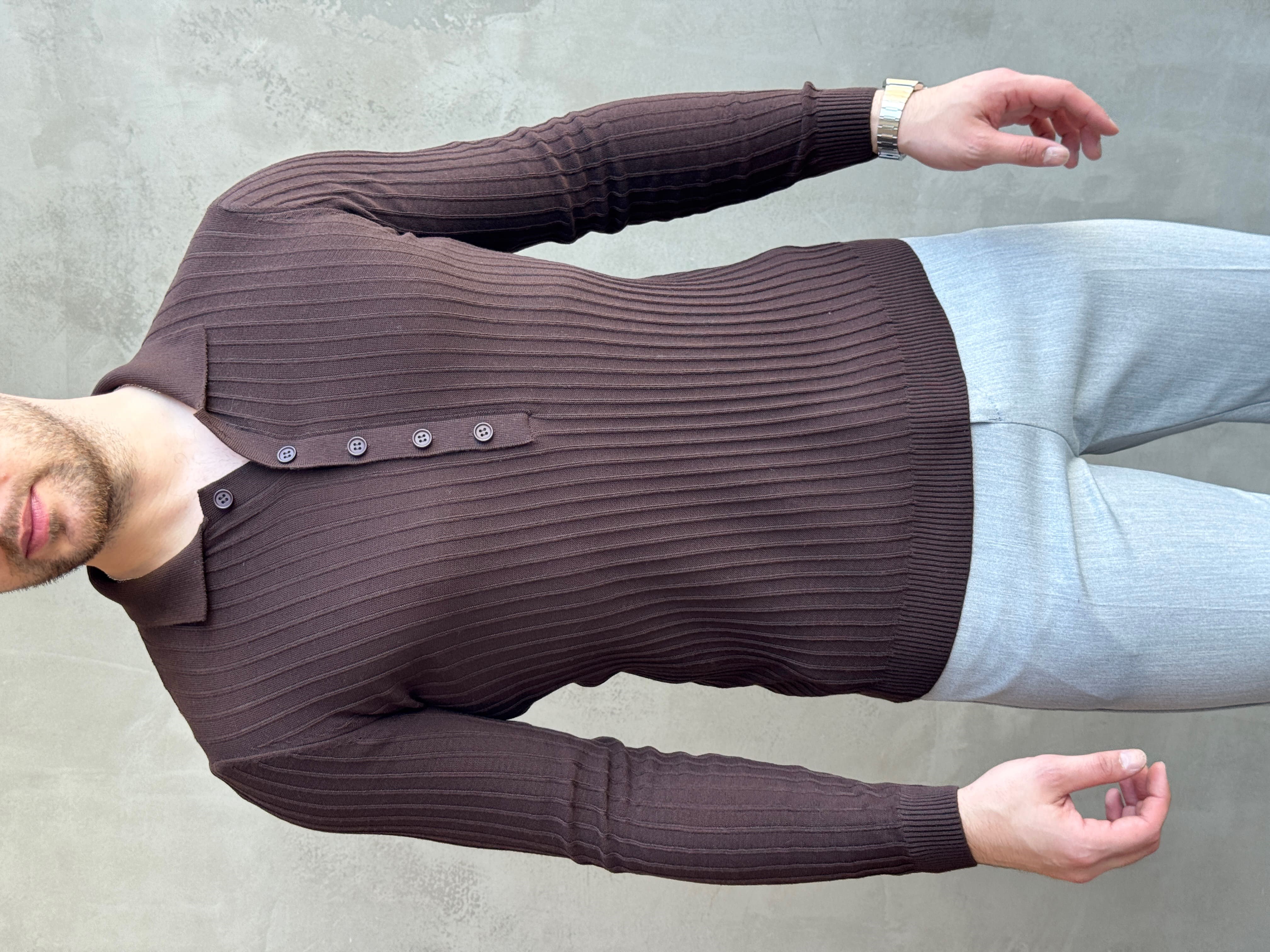 Erkek Yeni Sezon Regular Fit Polo Yaka Düğmeli Triko Kazak-Kahverengi(E1792)