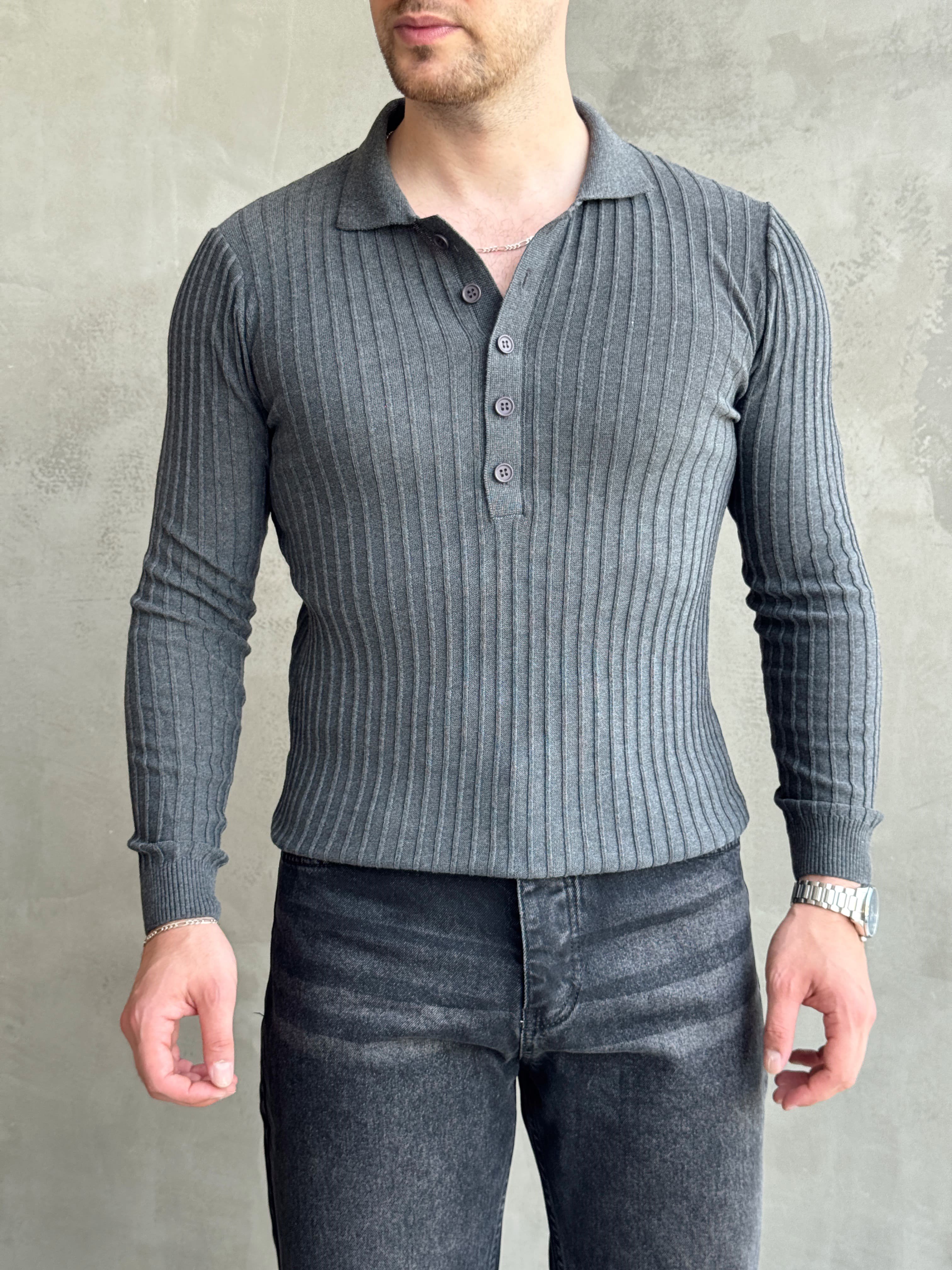 Erkek Yeni Sezon Regular Fit Polo Yaka Düğmeli Triko Kazak-Antrasit(E1792)