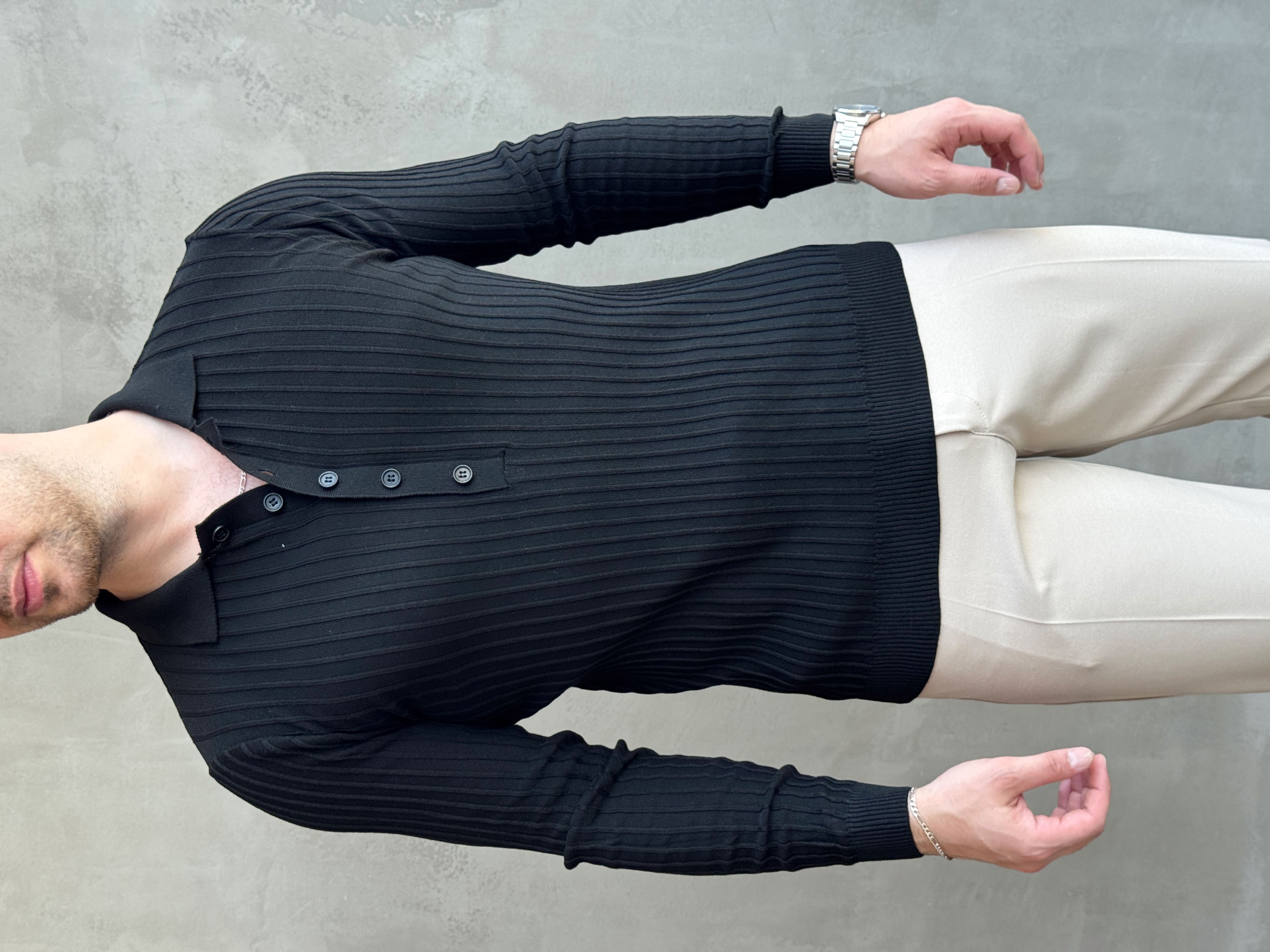 Erkek Yeni Sezon Regular Fit Polo Yaka Düğmeli Triko Kazak-Siyah(E1792)