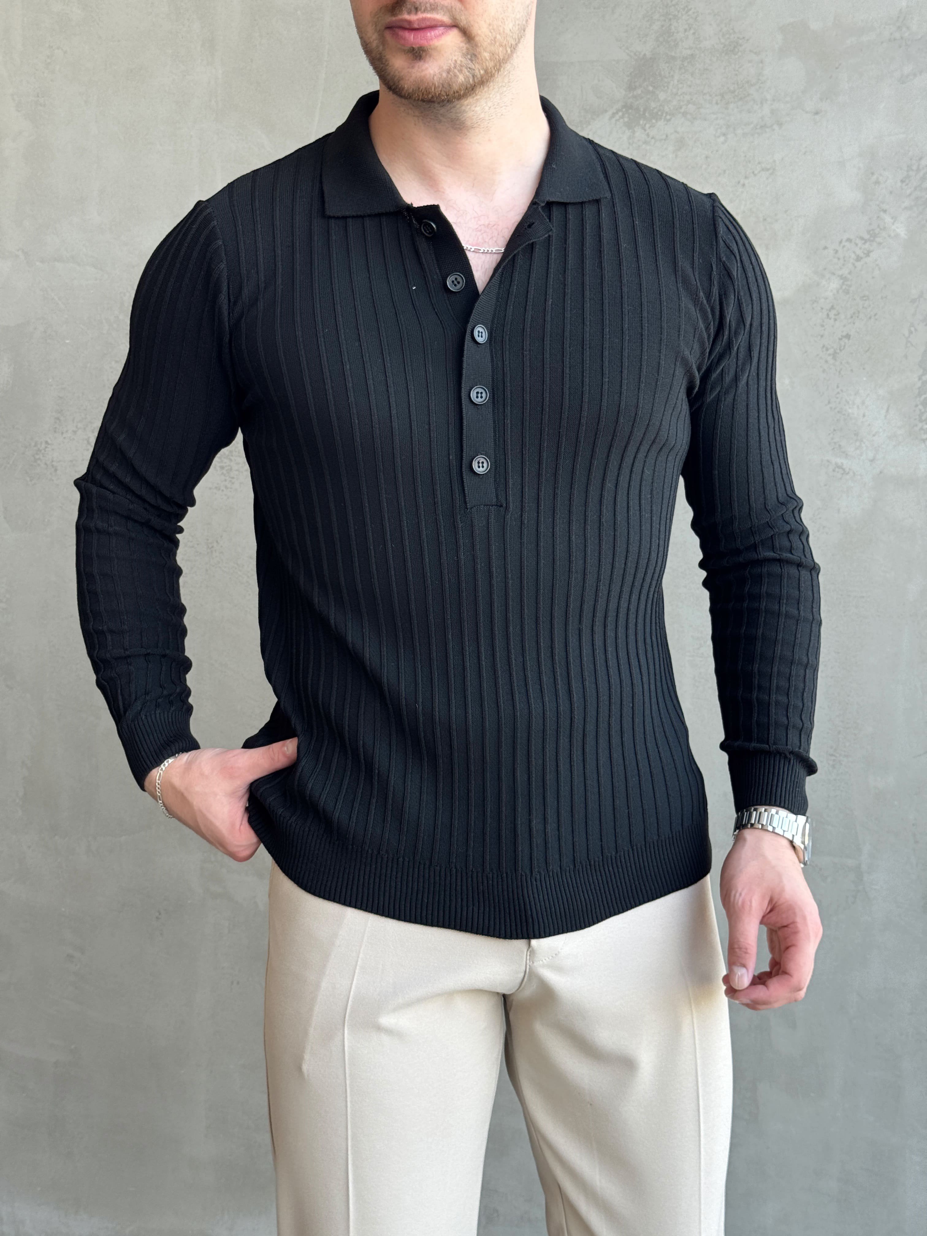 Erkek Yeni Sezon Regular Fit Polo Yaka Düğmeli Triko Kazak-Siyah(E1792)