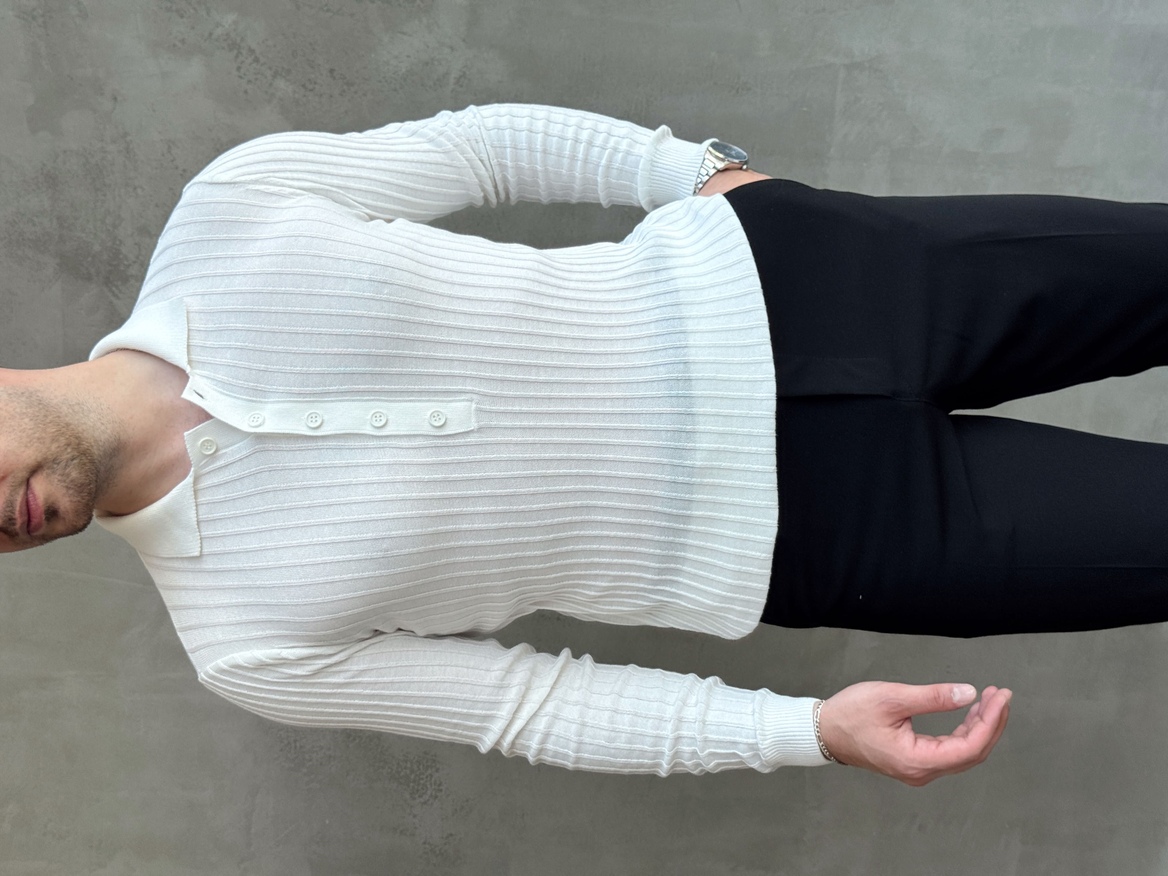 Erkek Yeni Sezon Regular Fit Polo Yaka Düğmeli Triko Kazak-Beyaz(E1792)