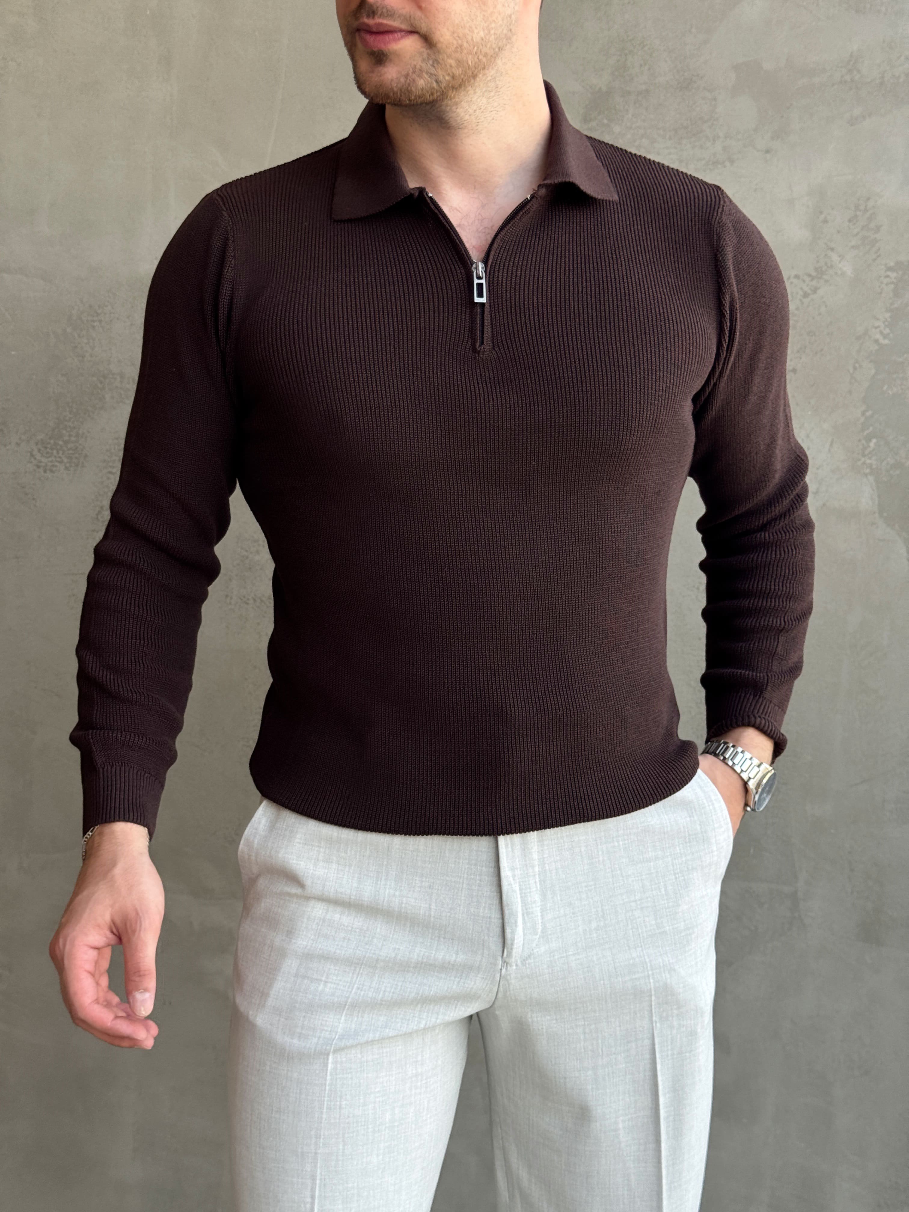 Erkek Yeni Sezon Regular Fit Yaka Fermuar Detaylı Triko Kazak-Kahverengi(E1790)