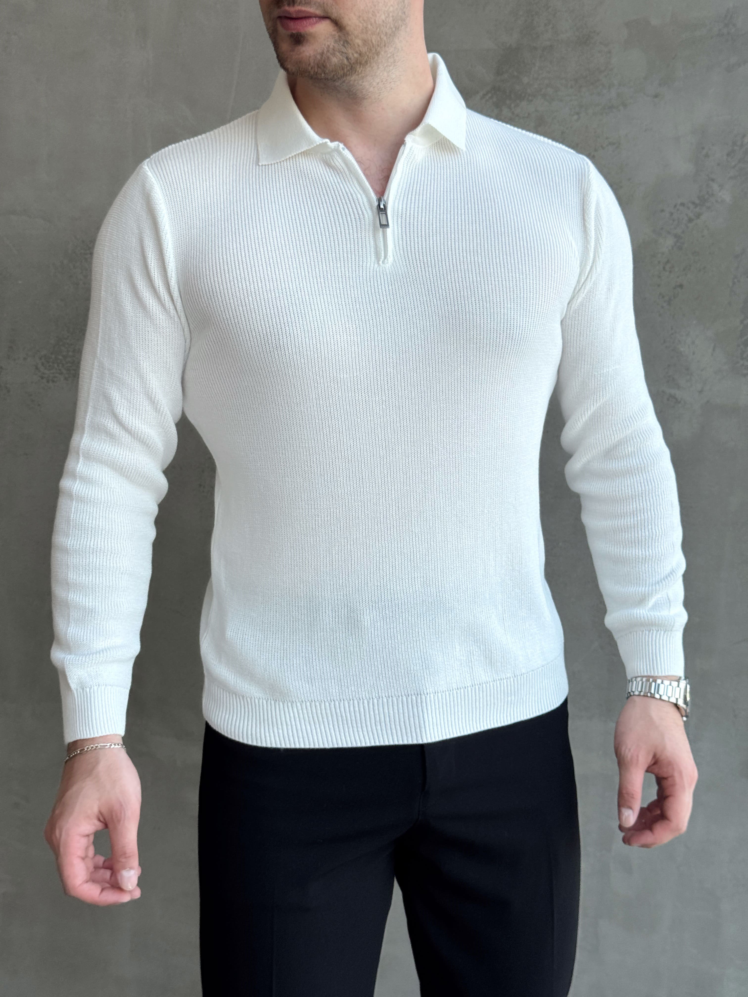 Erkek Yeni Sezon Regular Fit Yaka Fermuar Detaylı Triko Kazak-Beyaz(E1790)