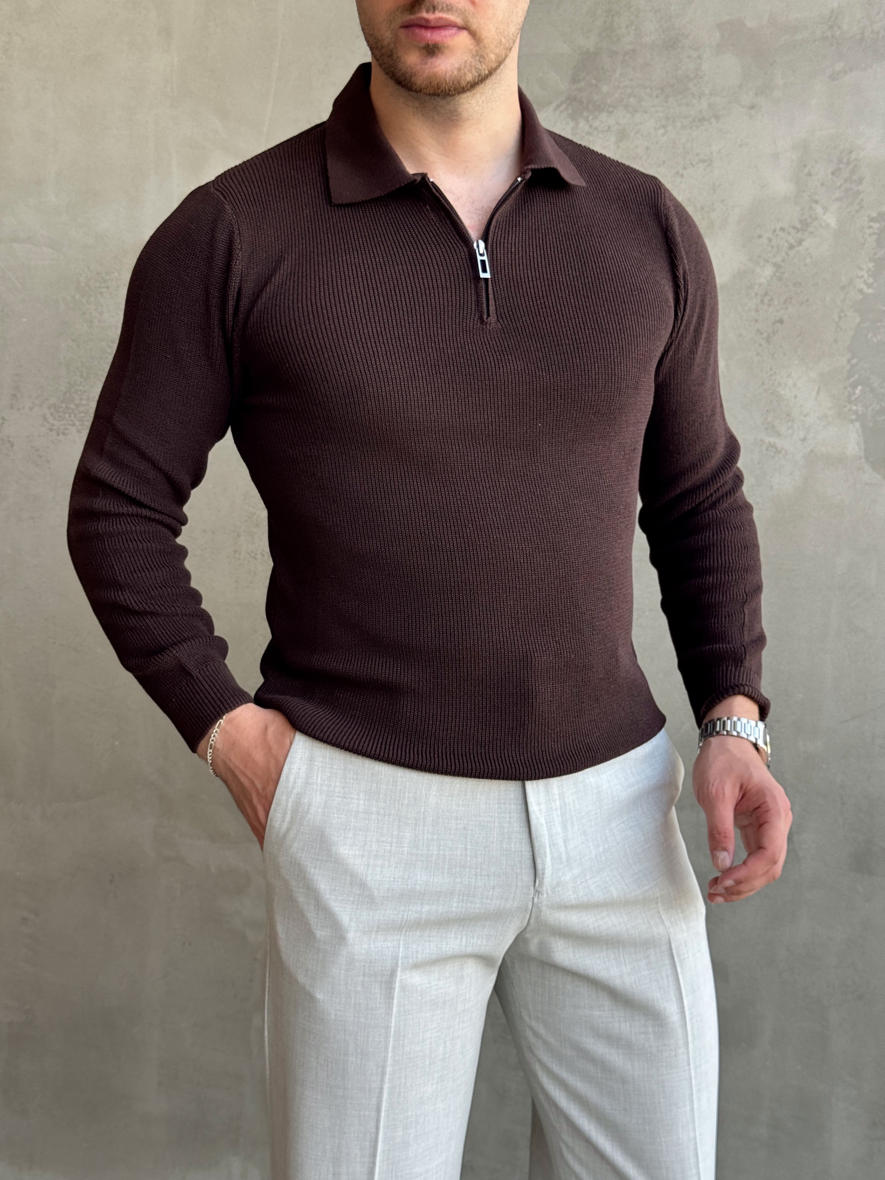 Erkek Yeni Sezon Regular Fit Yaka Fermuar Detaylı Triko Kazak-Kahverengi(E1790)