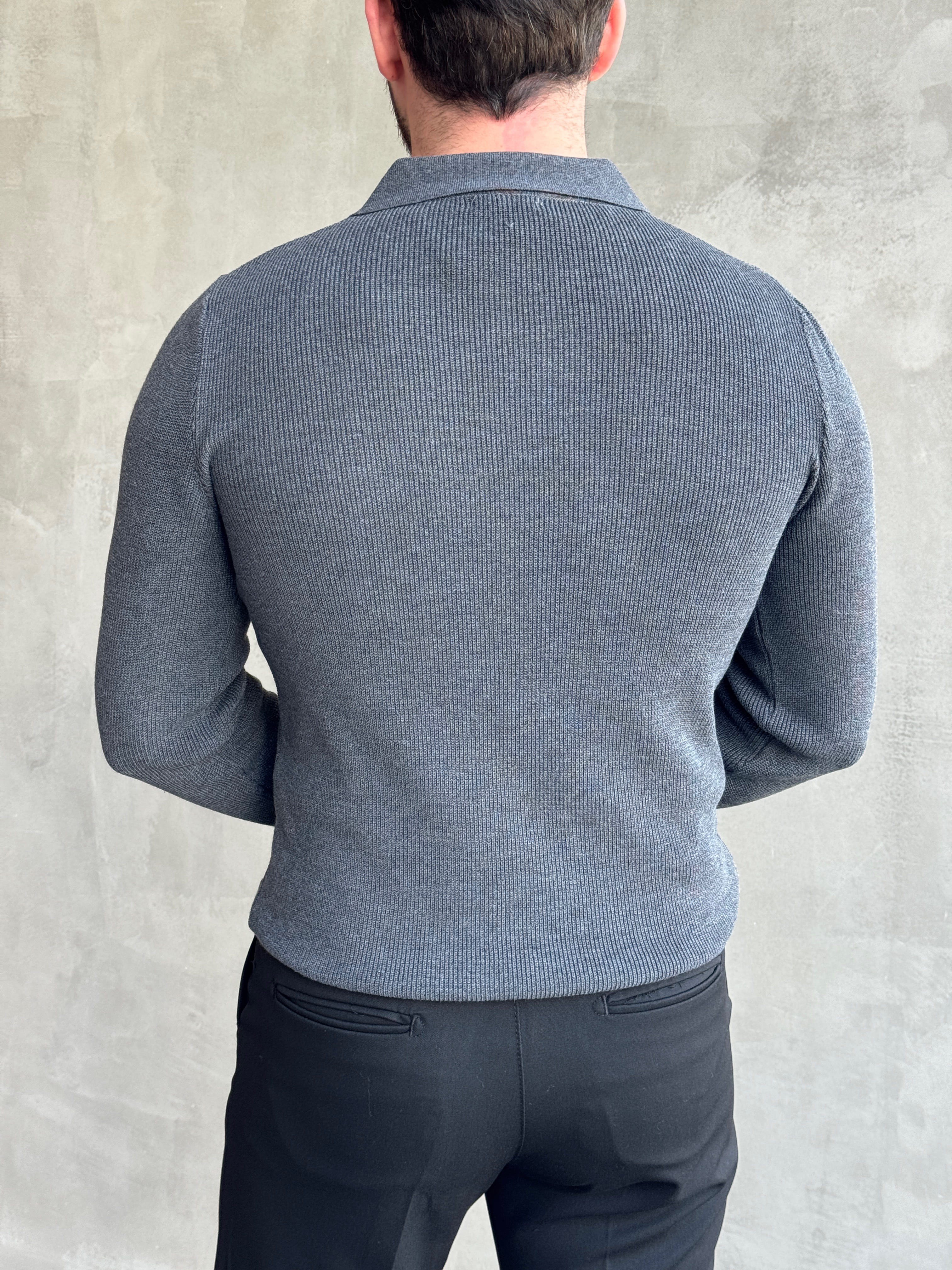 Erkek Yeni Sezon Regular Fit Yaka Fermuar Detaylı Triko Kazak-Füme(E1790)