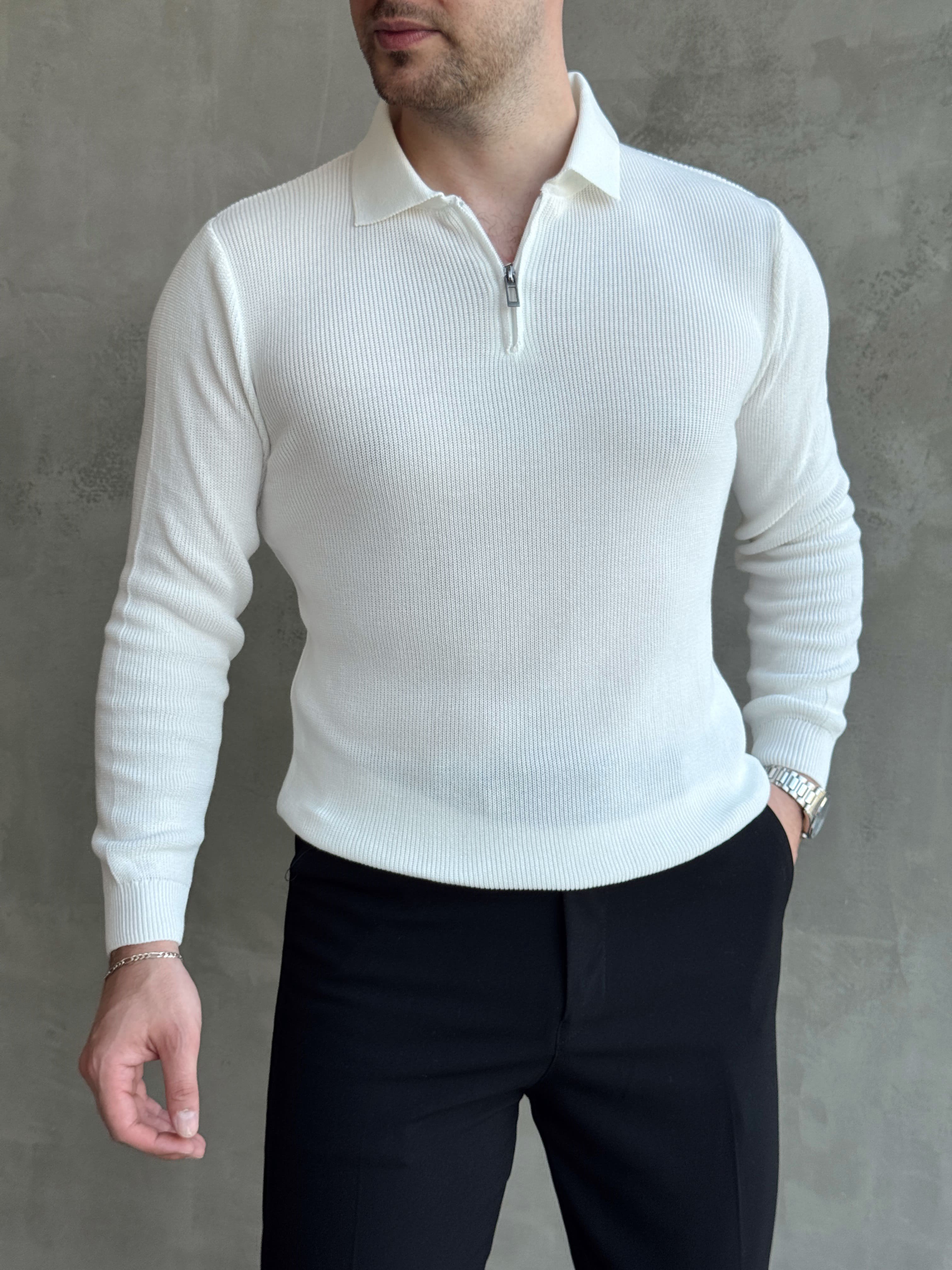 Erkek Yeni Sezon Regular Fit Yaka Fermuar Detaylı Triko Kazak-Beyaz(E1790)
