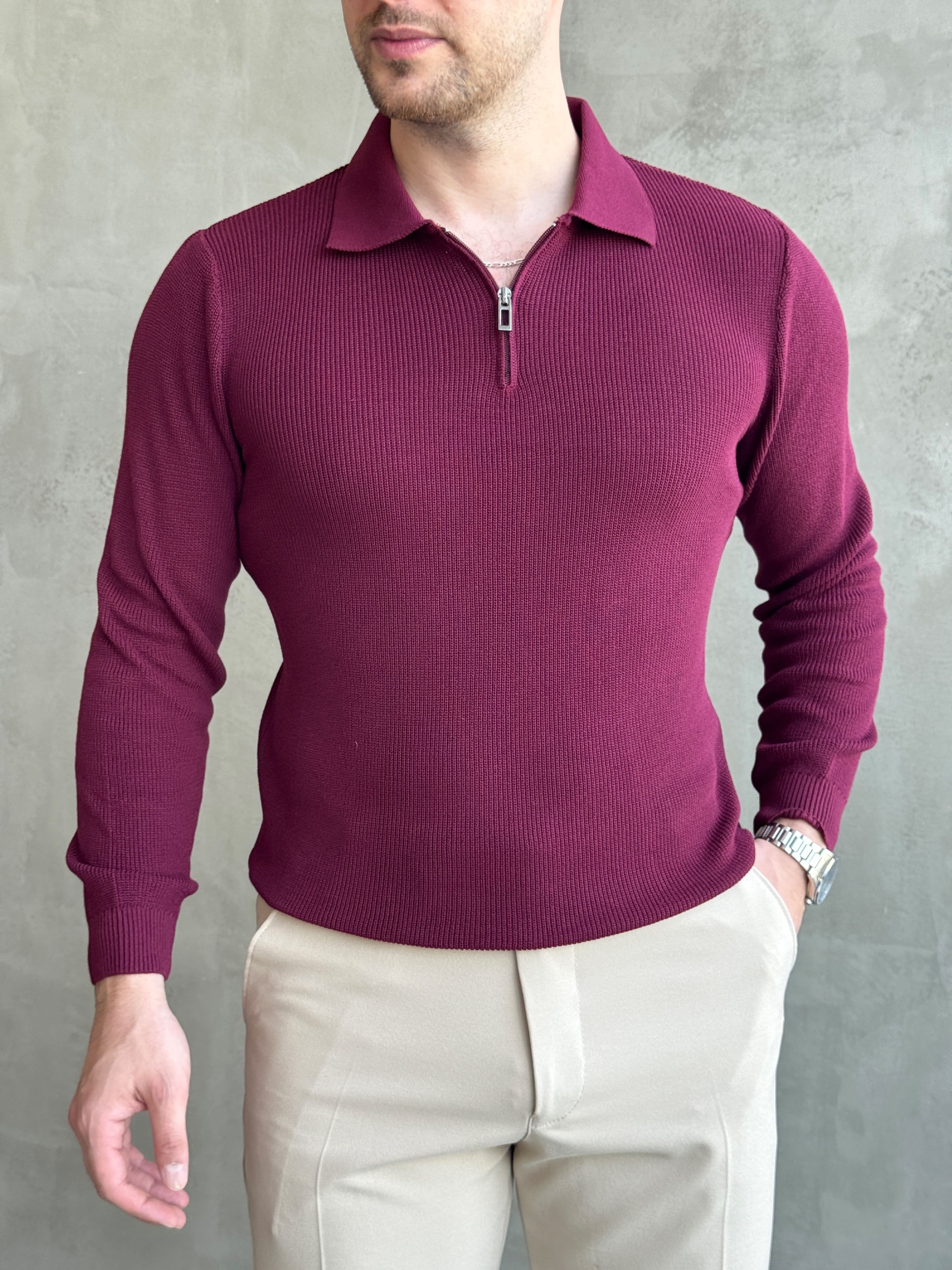 Erkek Yeni Sezon Regular Fit Yaka Fermuar Detaylı Triko Kazak-Bordo(E1790)