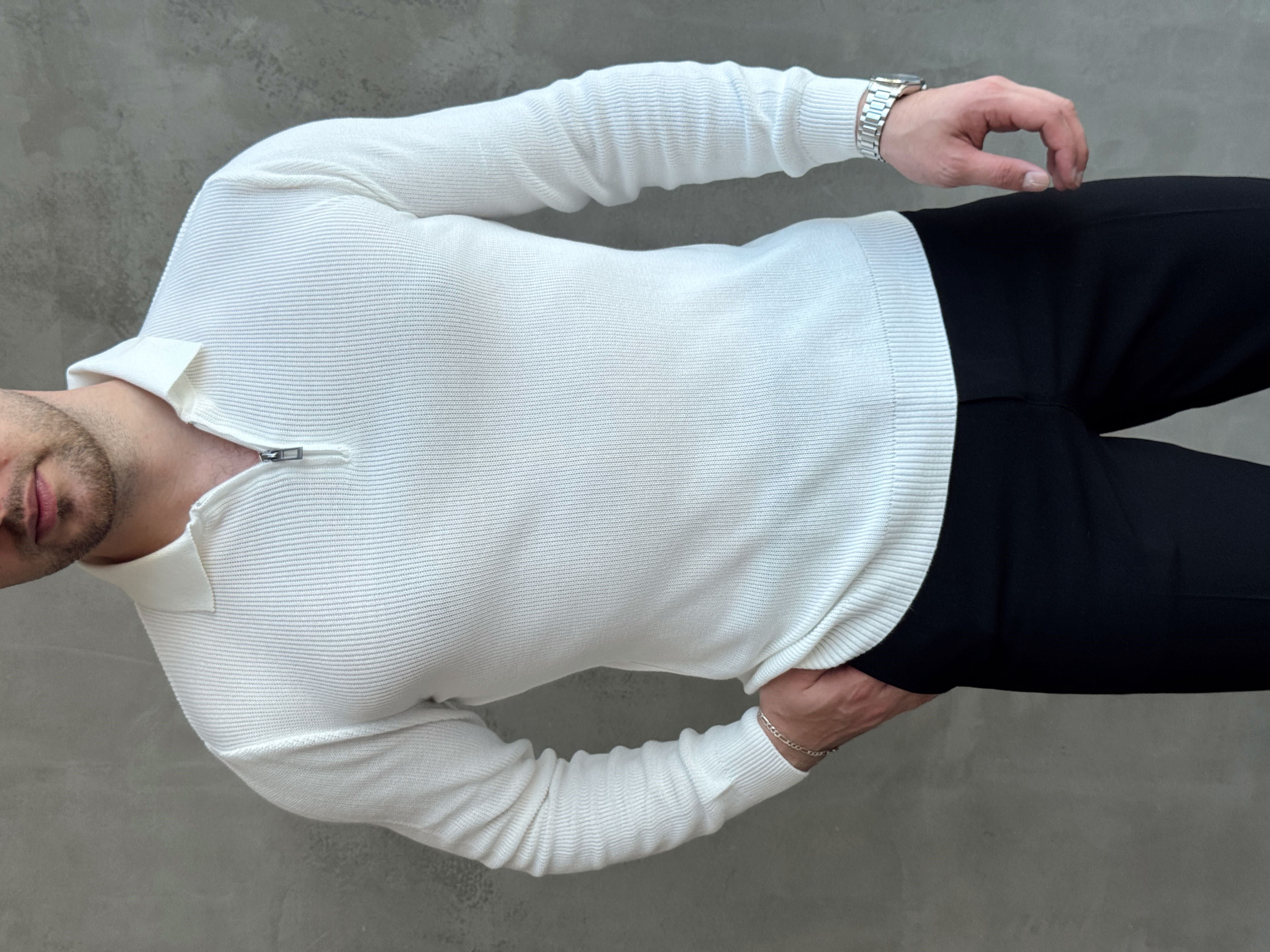 Erkek Yeni Sezon Regular Fit Yaka Fermuar Detaylı Triko Kazak-Beyaz(E1790)