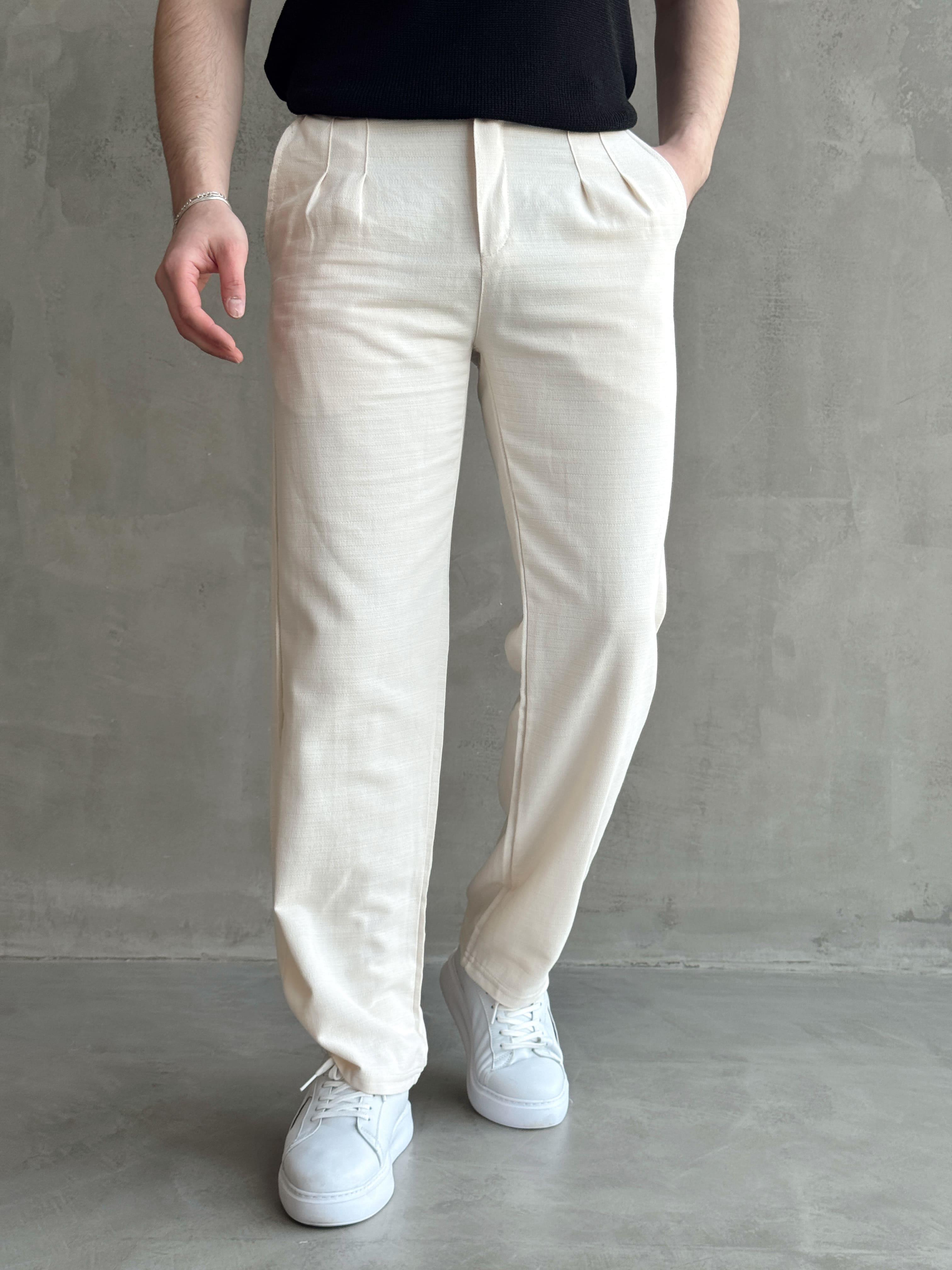 Erkek Yüksek Kalite Beli Lastik Detaylı Pileli Baggy Kalıp Keten Pantolon-Bej(E1617)