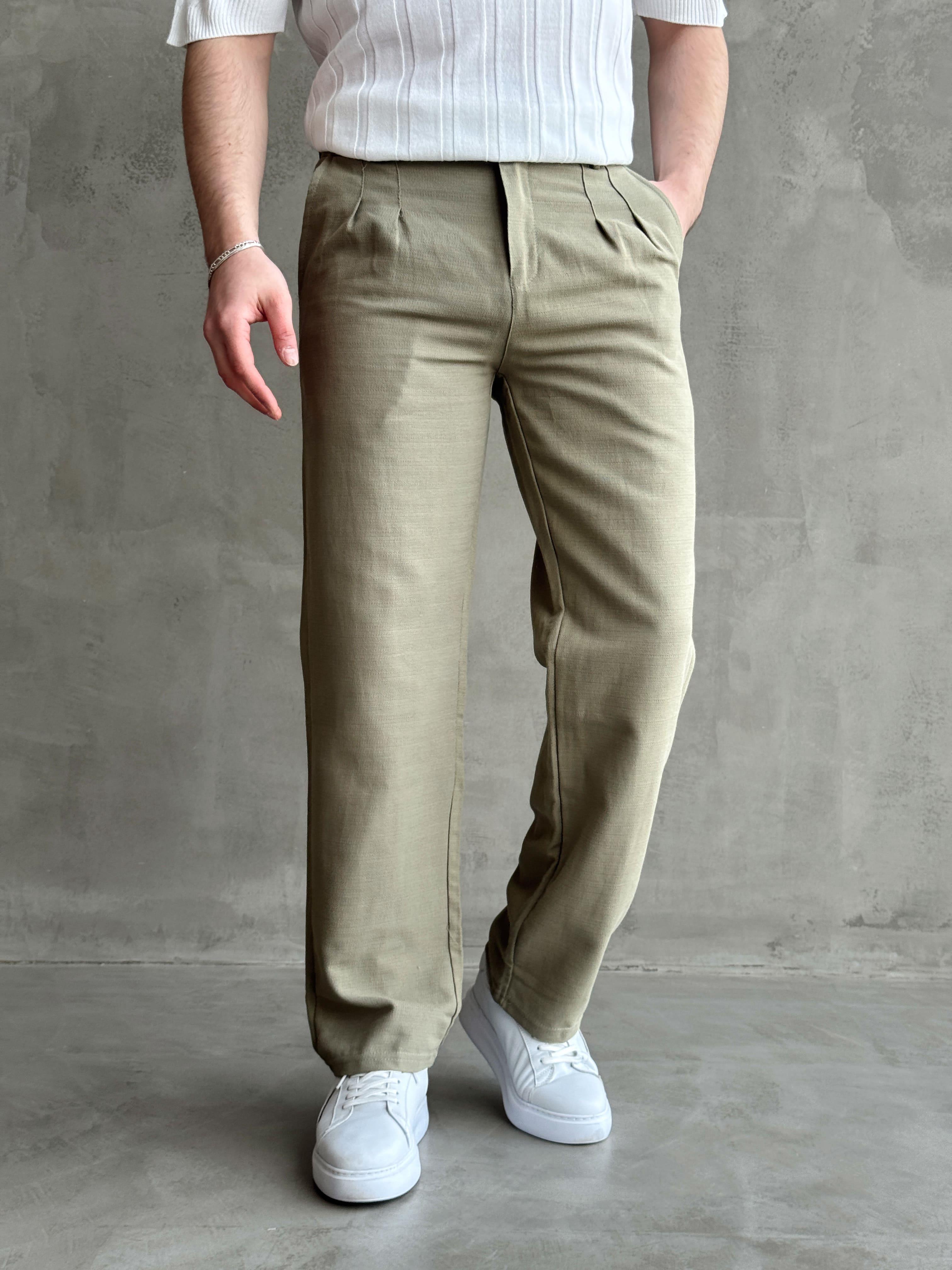 Erkek Yüksek Kalite Beli Lastik Detaylı Pileli Baggy Kalıp Keten Pantolon-Haki(E1617)Ketench