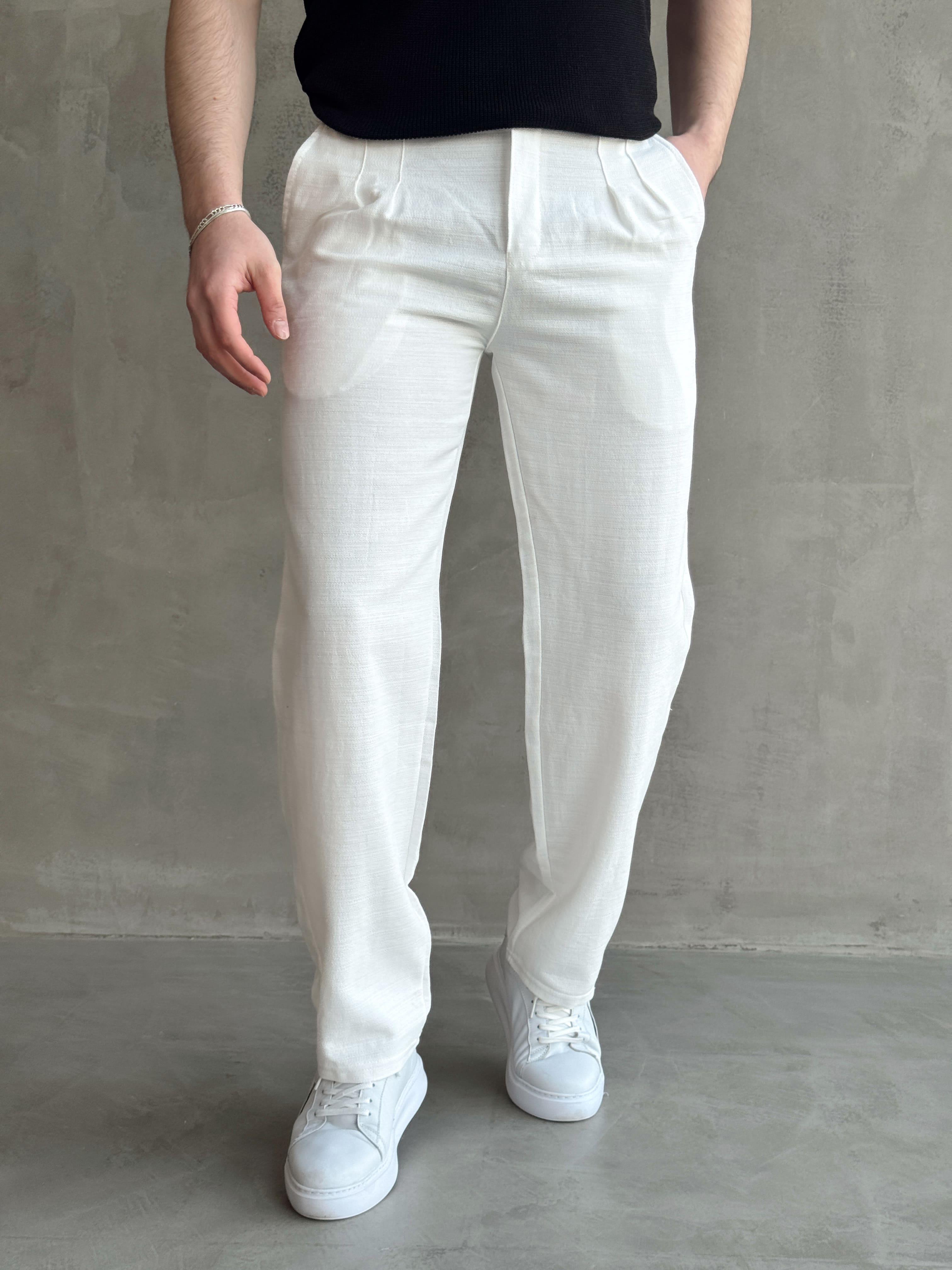 Erkek Yüksek Kalite Beli Lastik Detaylı Pileli Baggy Kalıp Keten Pantolon-Beyaz(E1617)Ketench